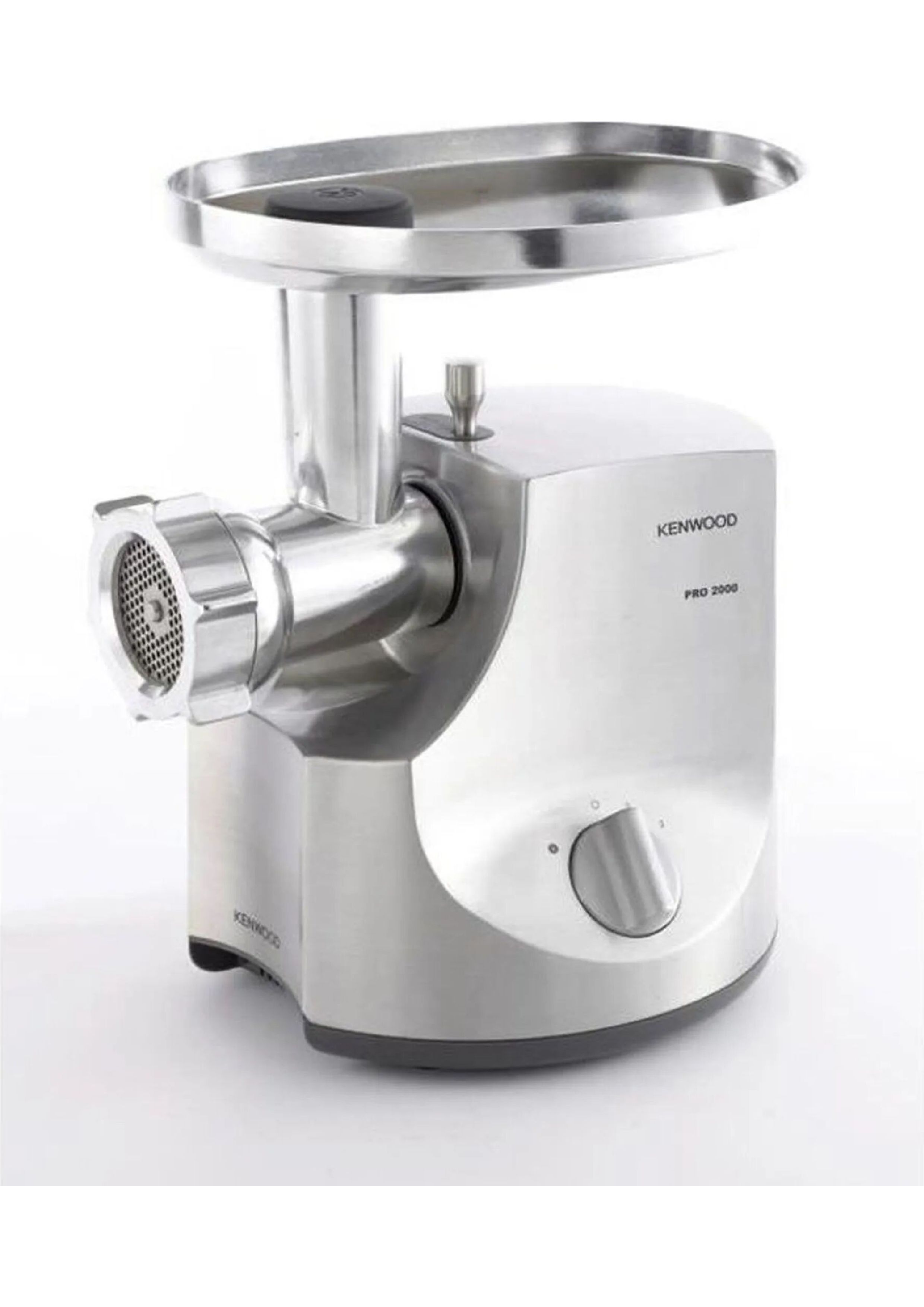 Ein hochwertiger Kenwood Pro 2000 Fleischwolf aus gebürstetem Edelstahl in der Seitenansicht auf weißem Hintergrund.