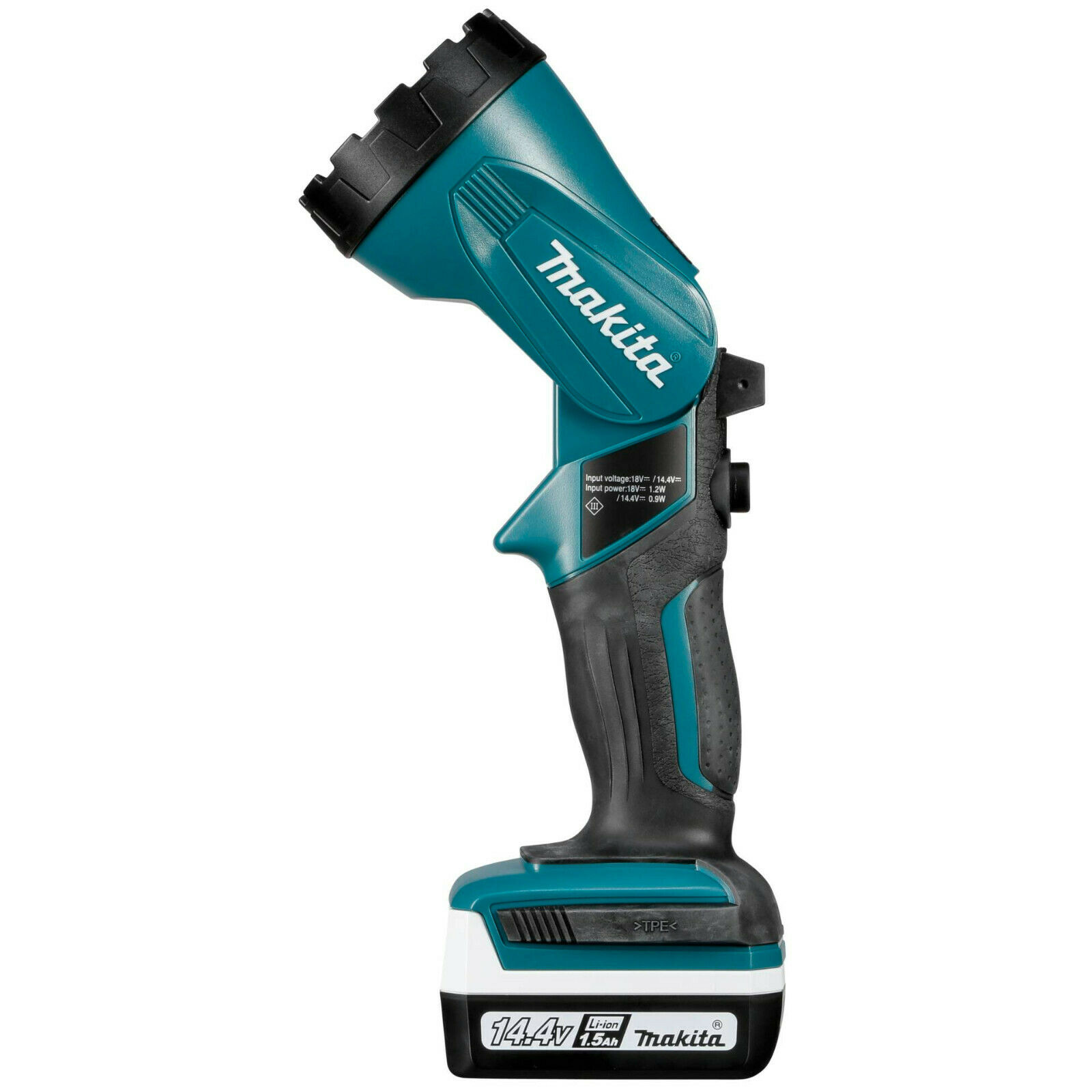 Makita DF347DWLX1 Akku-Lampe, Seitenansicht, Bedienelemente und Lichtquelle sichtbar.