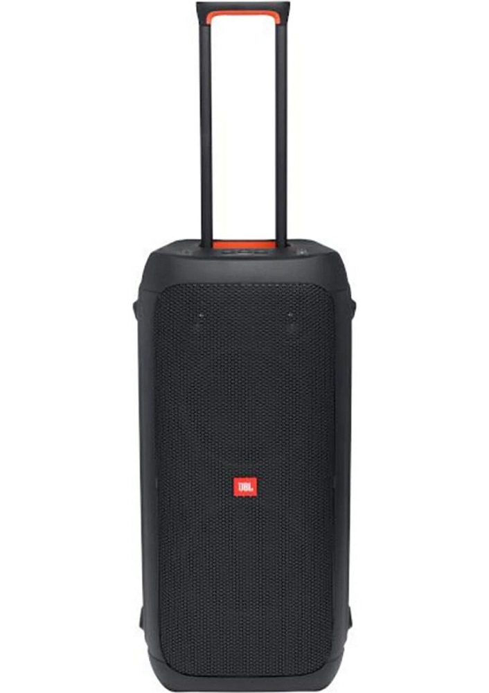 Frontalansicht der JBL PartyBox 310 mit vollständig ausgezogenem Teleskopgriff für den Transport.