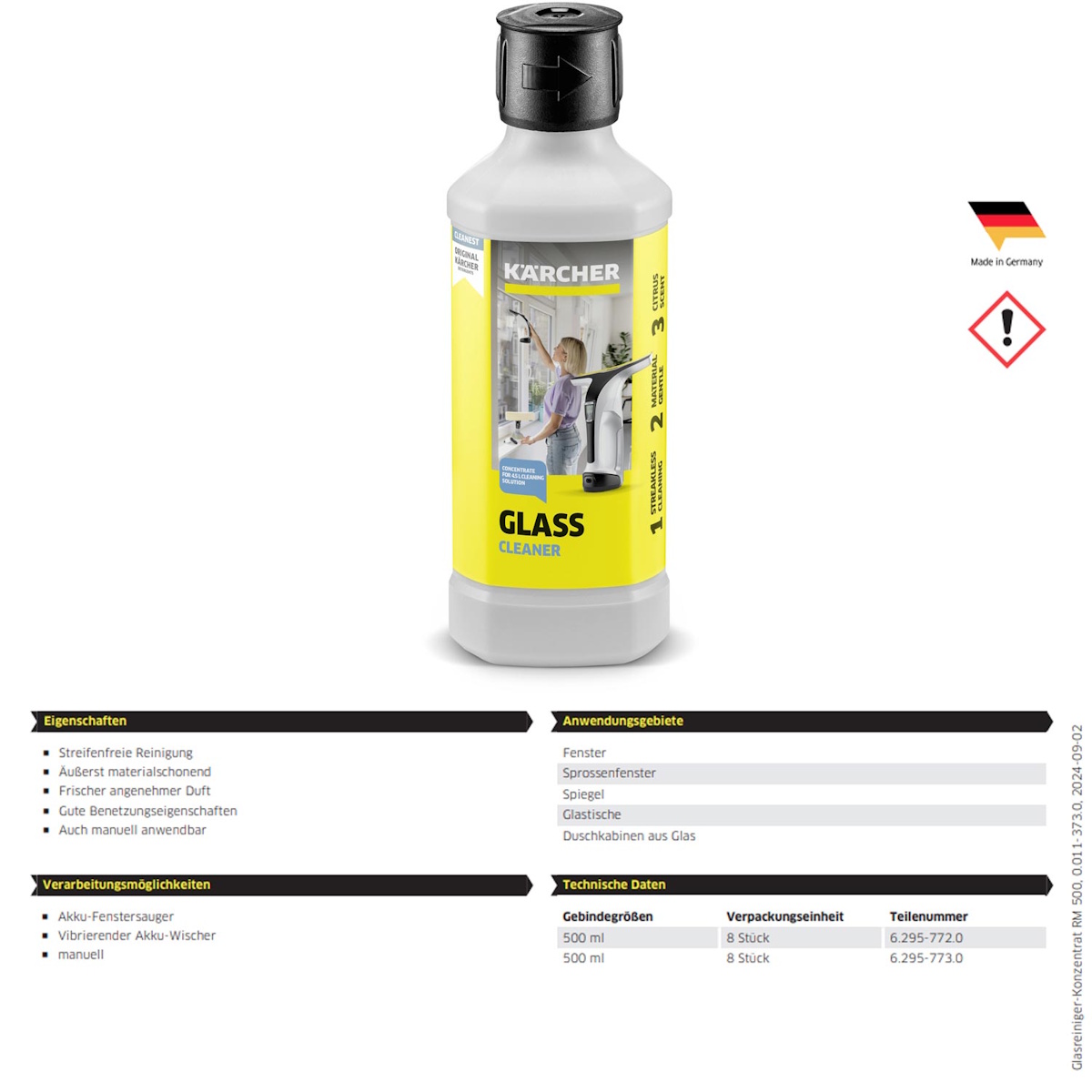 Kärcher RM 500 Konzentrat neben einem Kärcher Fenstersauger der WV-Serie.