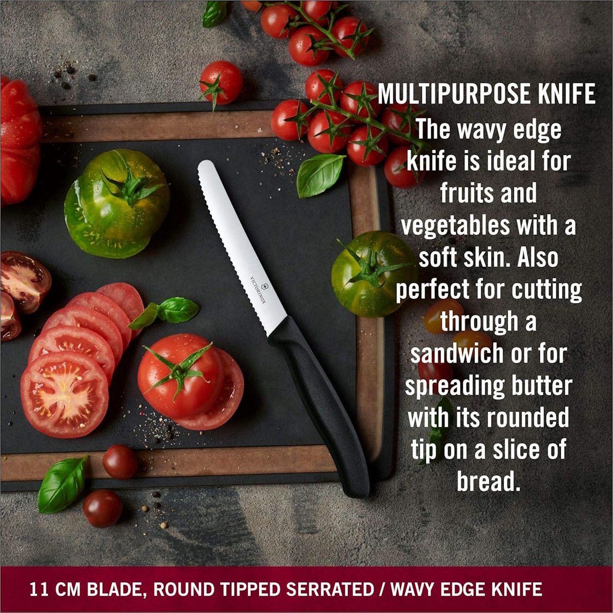 Detail of the tomato knife with a serrated edge