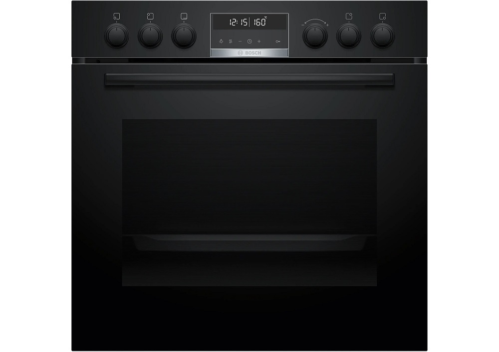 Front view of a black Bosch built-in oven featuring retractable control knobs and a digital display.