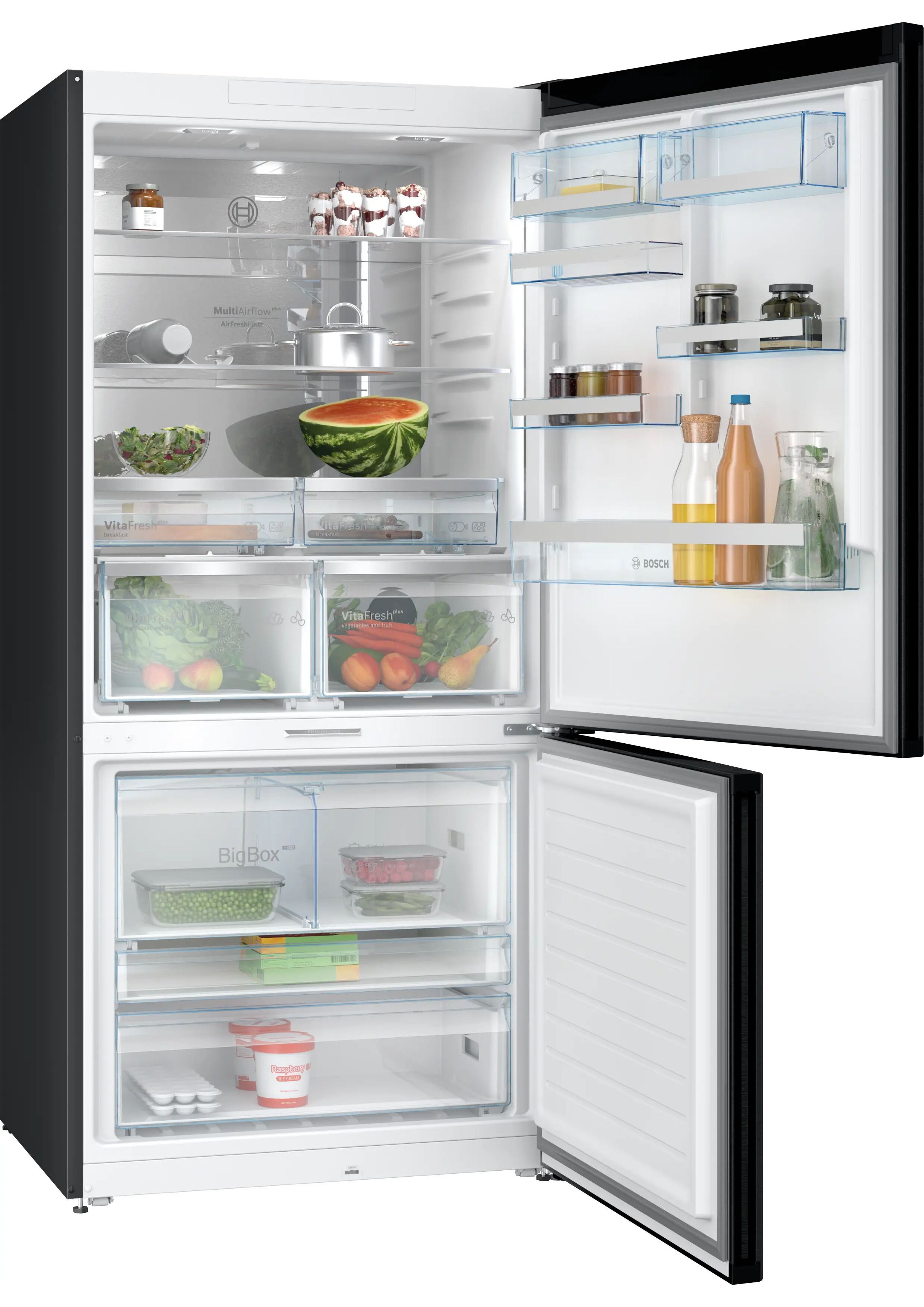 Geöffnete Bosch Kühl-Gefrier-Kombination mit befüllten Fächern, VitaFresh Schubladen und BigBox Gefrierteil.