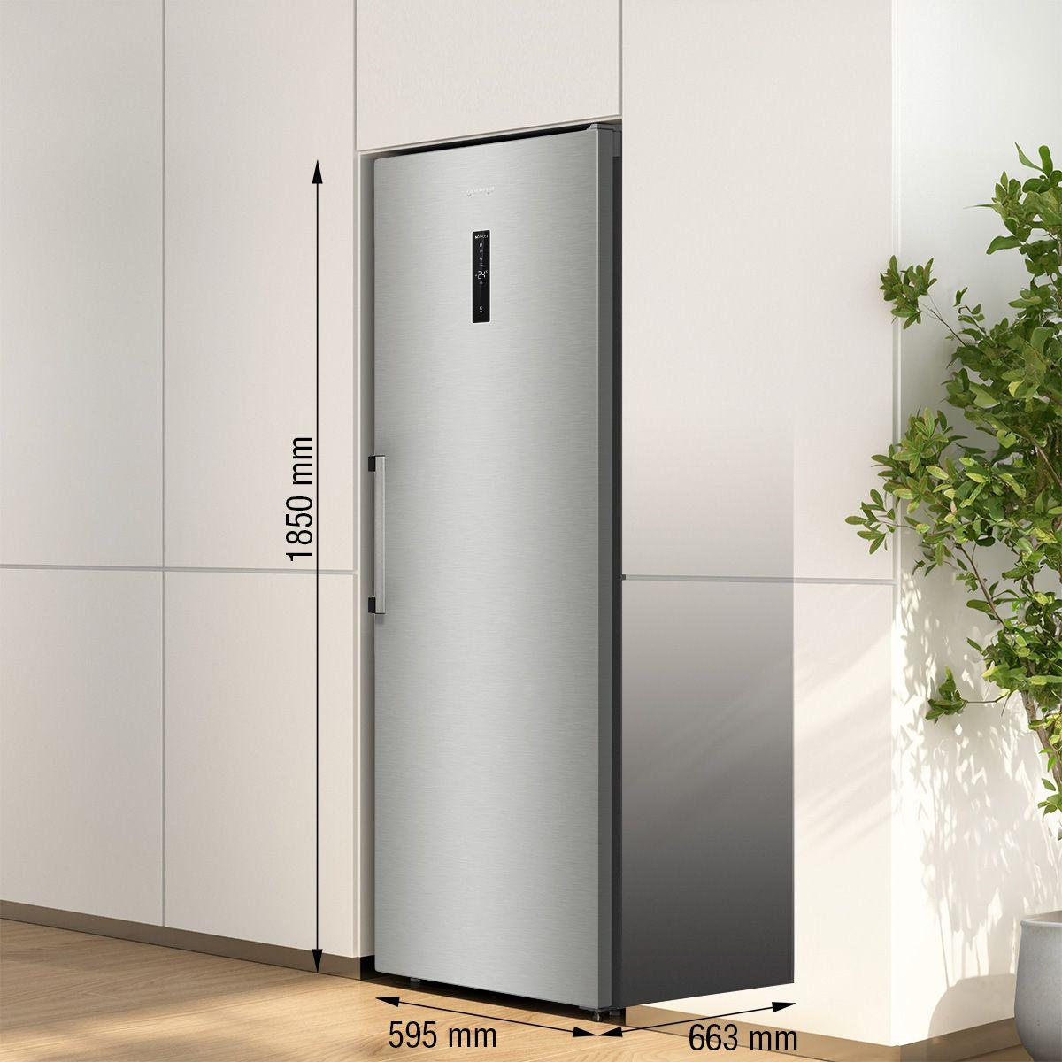 Silver Gorenje freezer integrated into a white kitchen unit with displayed dimensions of 1850 mm height, 595 mm width, and 663 mm depth