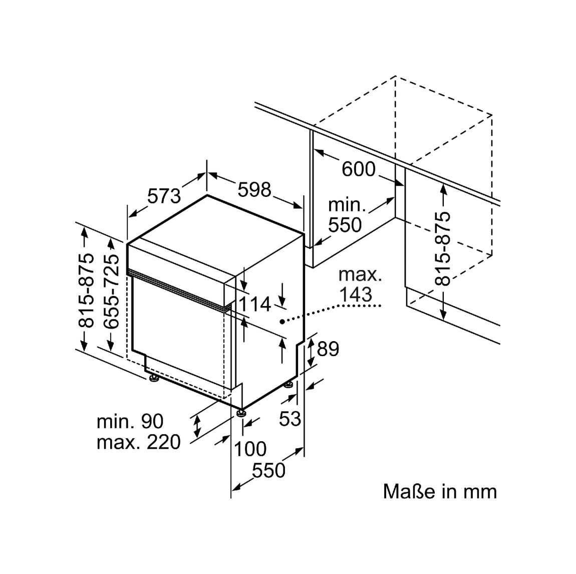 Einbauzeichnung des Neff S145ECS15E mit Maßangaben für die Küchenintegration