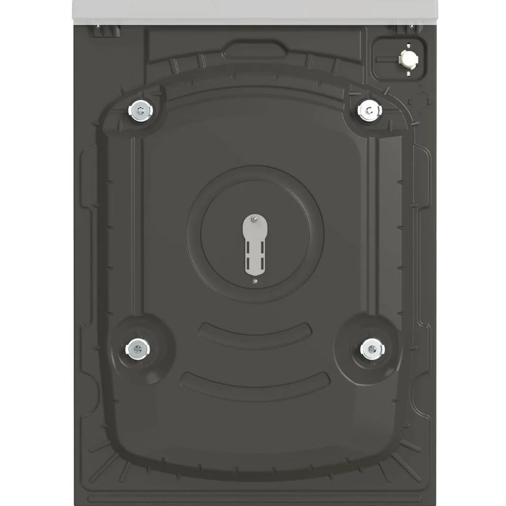 Rear view of the Sharp washing machine with water connections and drain hose.