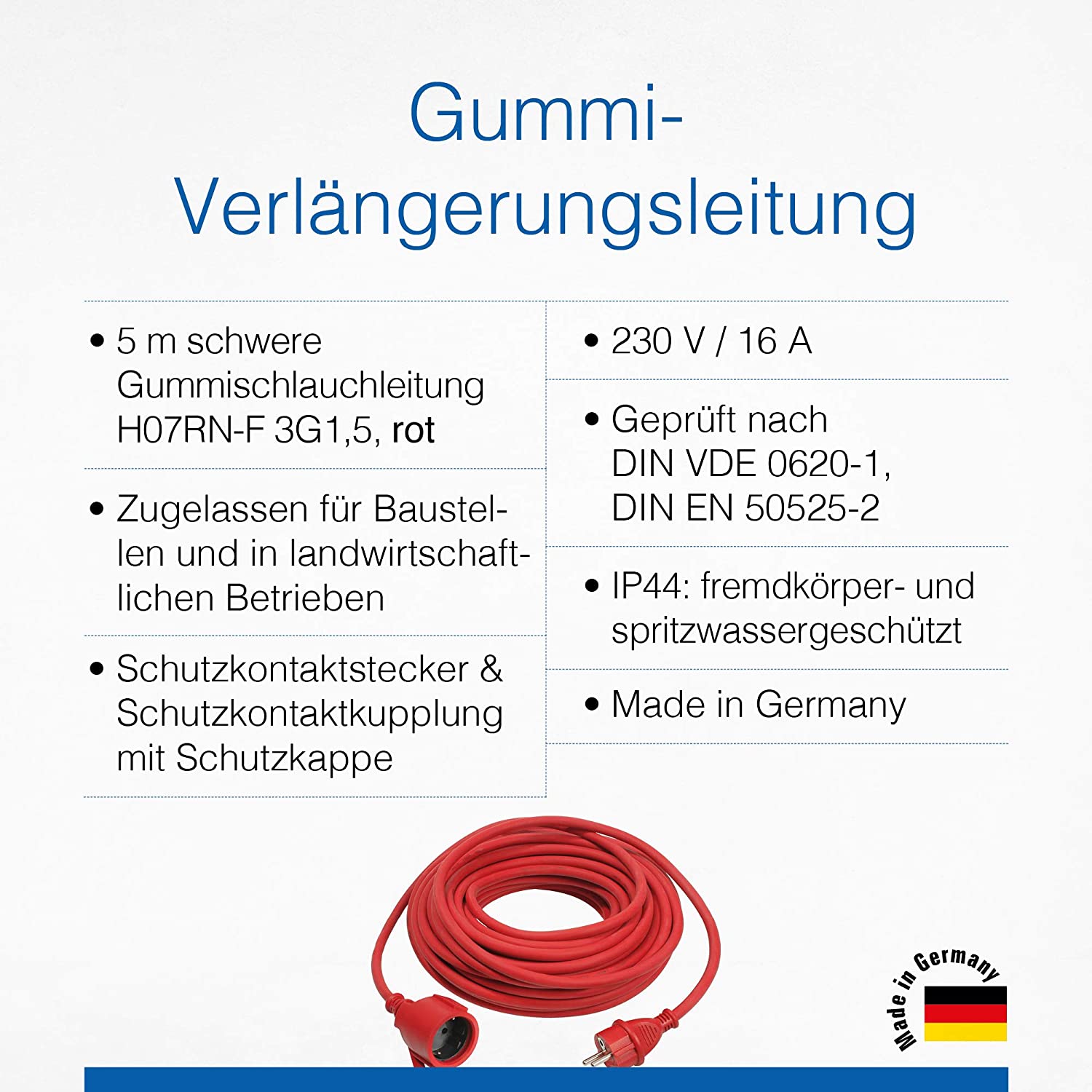 AS-SCHWABE 60272, Gummi Verlängerungsleitung, 5 m Kabel mit Schutzkontaktwickelstecker, Schutzkontaktkupplung, Schutzkappe ­, 230 V / 16 A Verlängerungskabel, IP44, Made in Germany, Rot, Kabel, Kabelzubehör, Verlängerungskabel EAN: 4011160602726