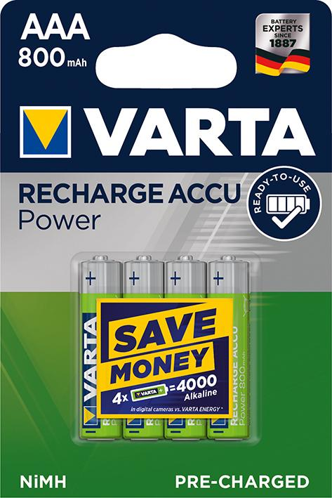 VARTA RECHARGE ACCU Power vorgeladener AAA Micro NiMH Akku 4er Pack, 800mAh