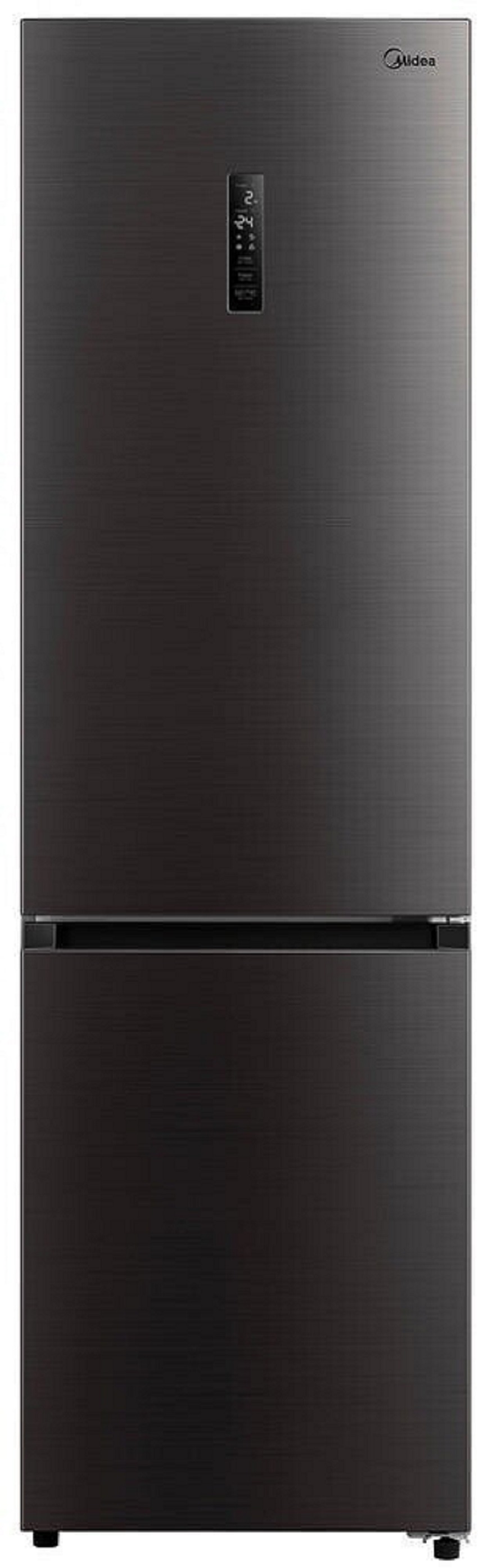 Frontansicht einer freistehenden Midea Kühl-Gefrierkombination in dunkler Edelstahl-Optik