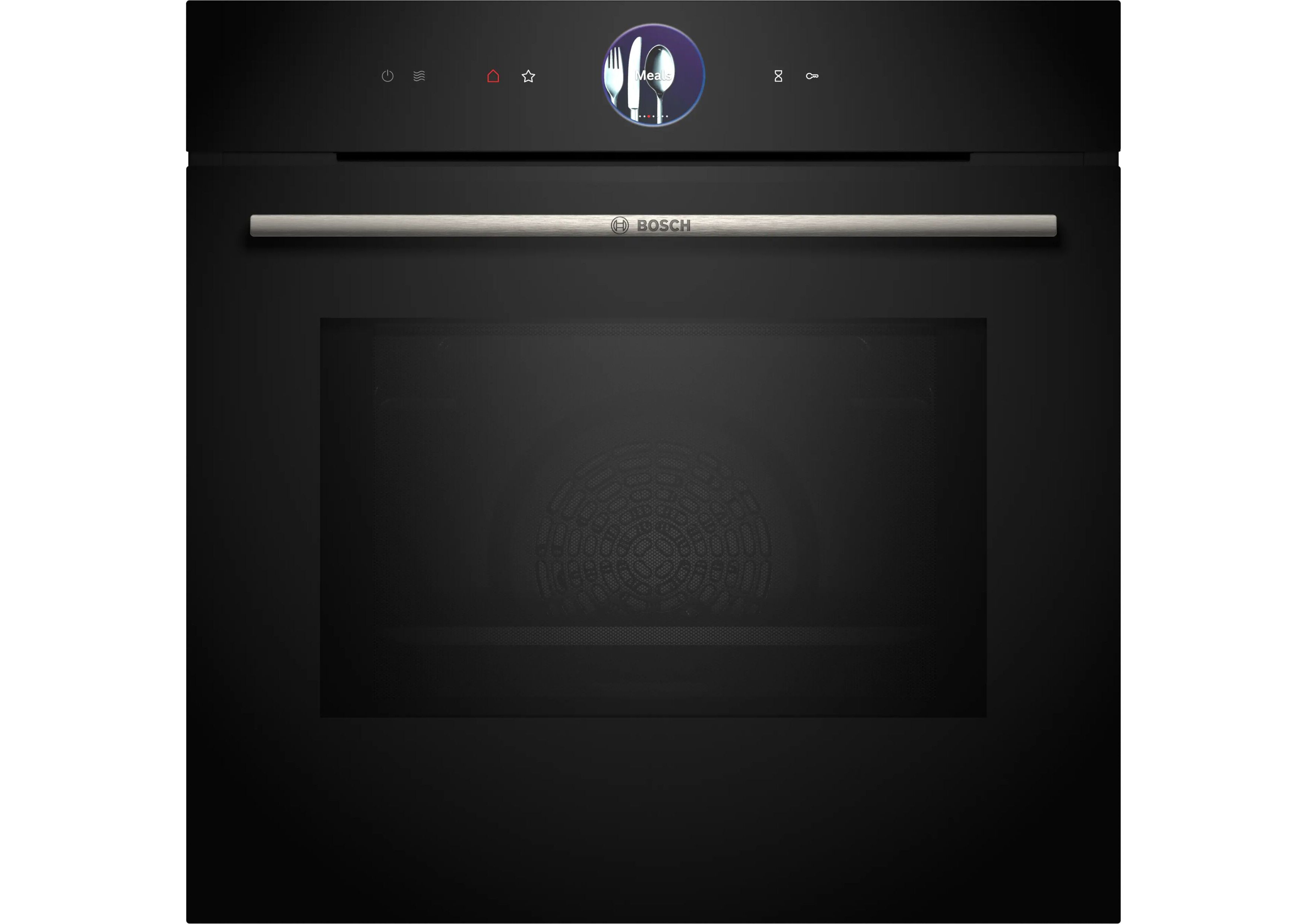 Black front view of a Bosch built-in oven with digital display and stainless steel handle.