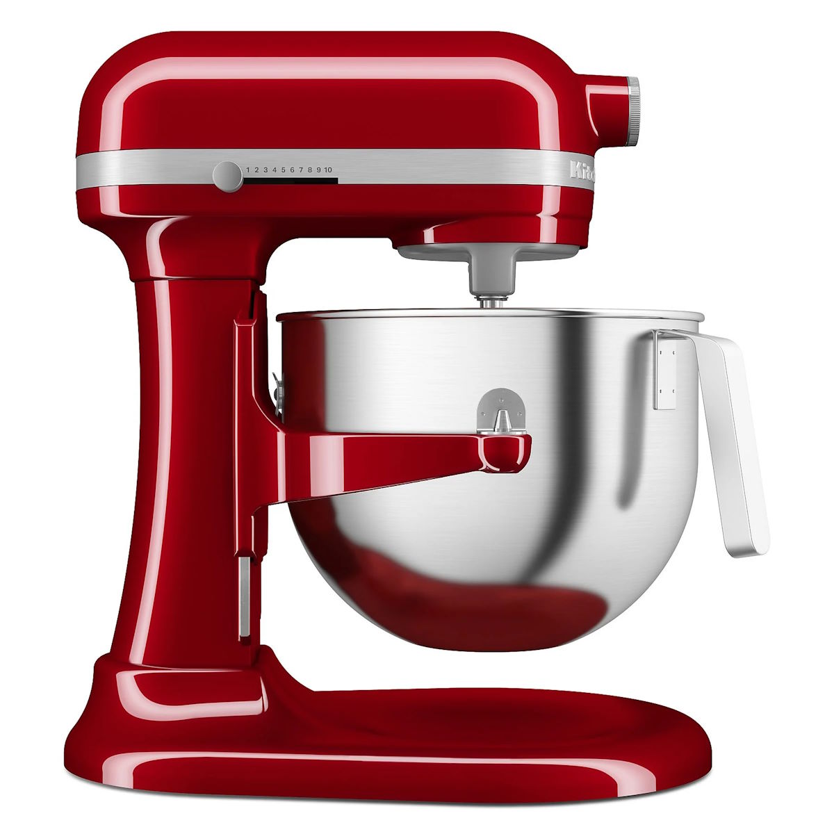 KitchenAid 5KSM70JPXEER – Linke Ansicht mit Geschwindigkeitsverstellung Linke Seitenansicht der KitchenAid 5KSM70JPXEER mit sichtbarer Geschwindigkeitsverstellung.