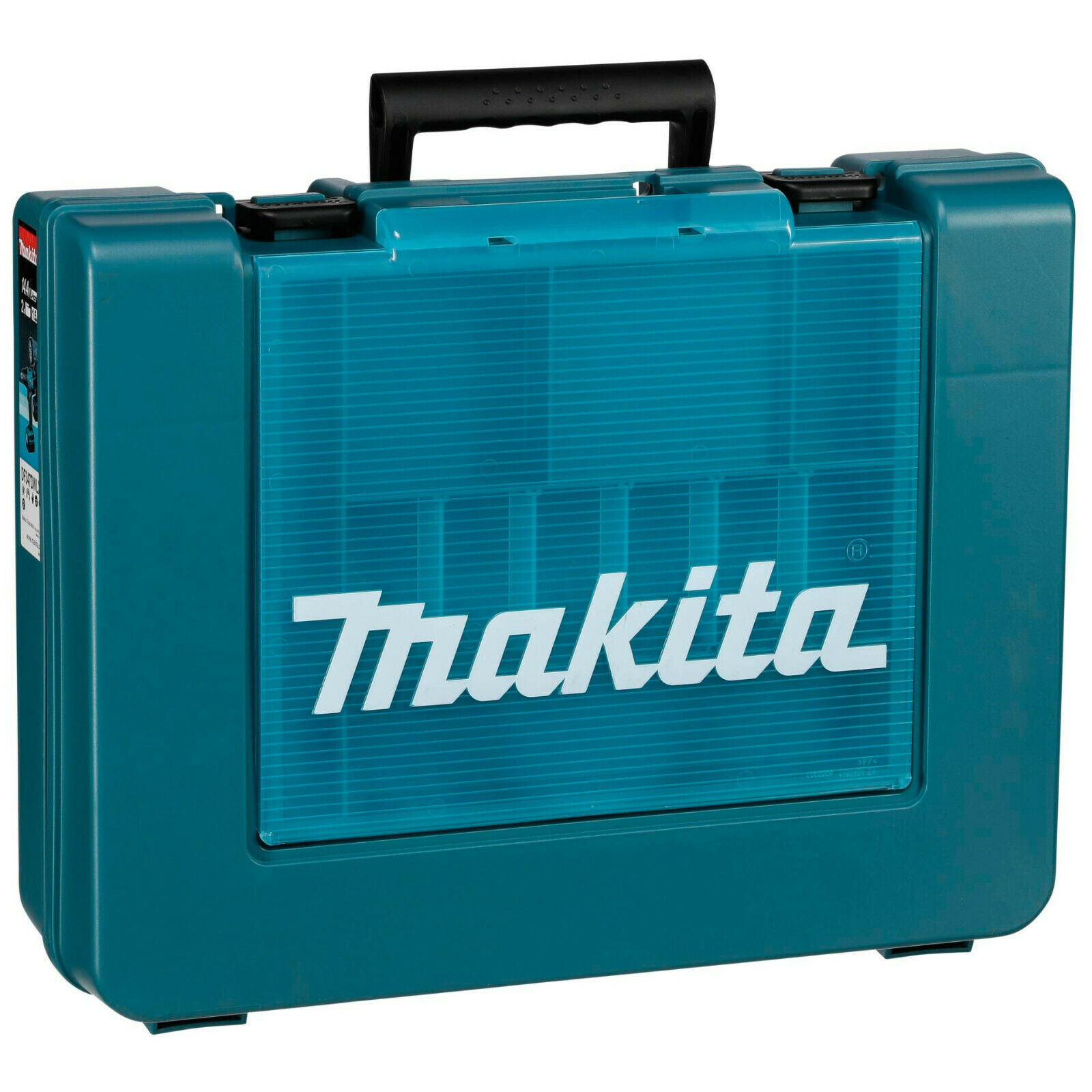 Makita DF347DWLX1 Aufbewahrungskoffer, geschlossen, robustes Kunststoffgehäuse.