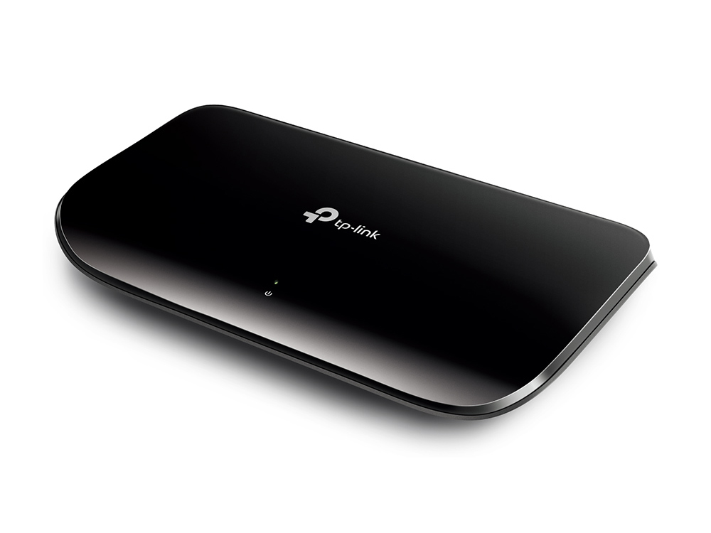TP-Link TLSG1008D Ethernet Switch – seitliche Vorderansicht von links auf das schwarze Gerät mit glänzendem Gehäuse, ohne sichtbare Anschlüsse