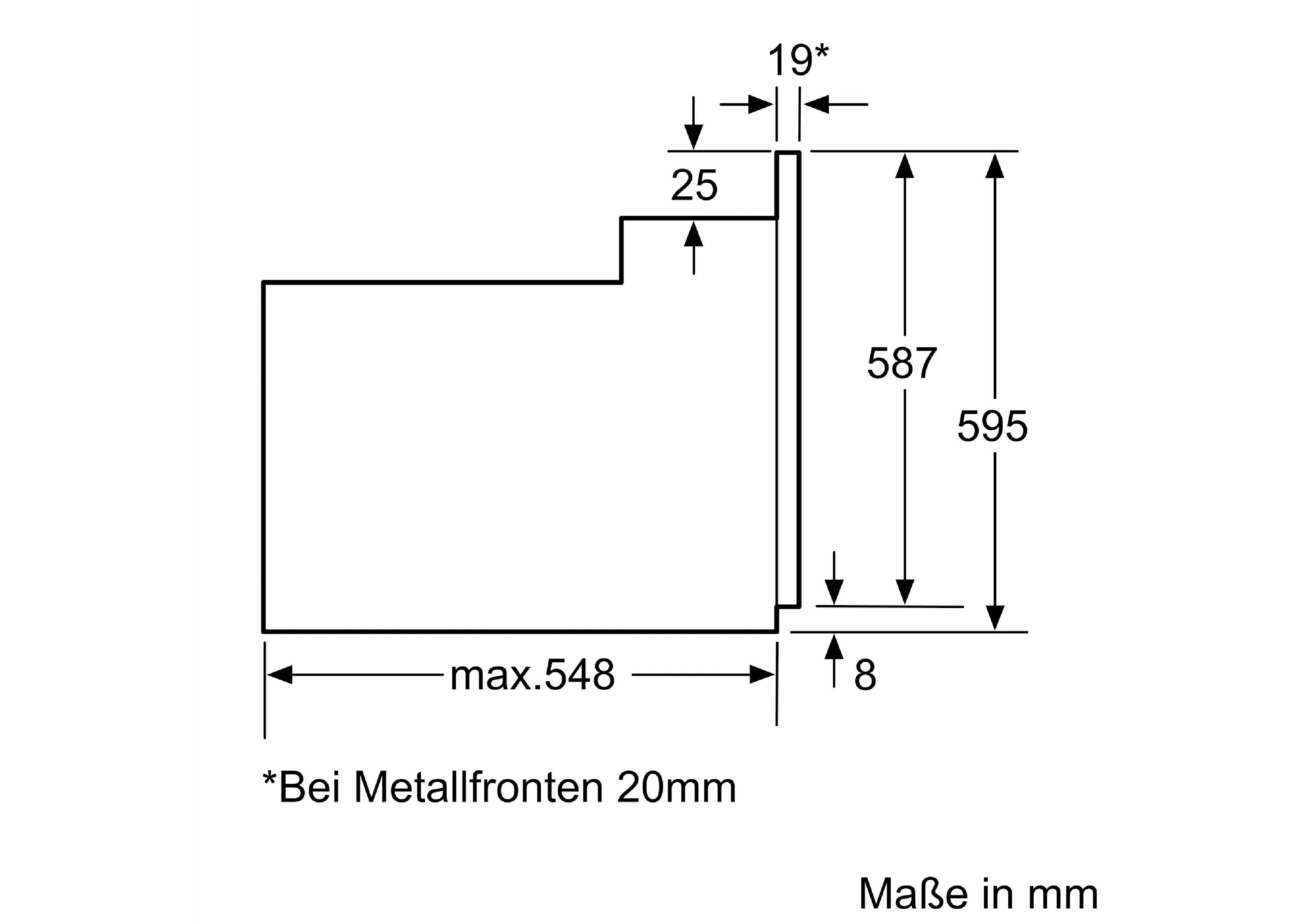 Technische 2D-Seitenansicht des Bosch Einbaubackofens mit genauen Bemaßungen in Millimetern für die Gerätetiefe, die Fronthöhe (595 mm) sowie einen Hinweis zu Metallfronten (20 mm).
