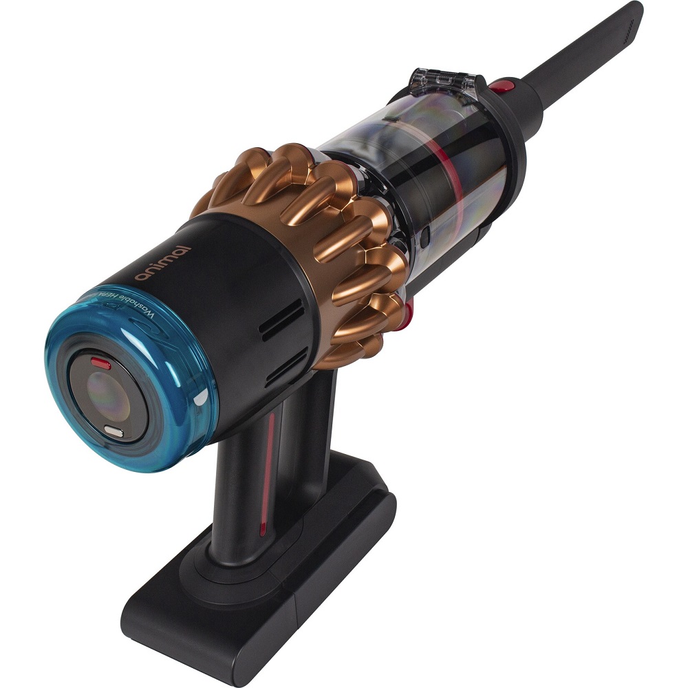 Rückansicht des Handstücks des Dyson Piston Animal Spezial mit Fokus auf den waschbaren HEPA-Filter und den bronzefarbenen Zyklon-Kopf.