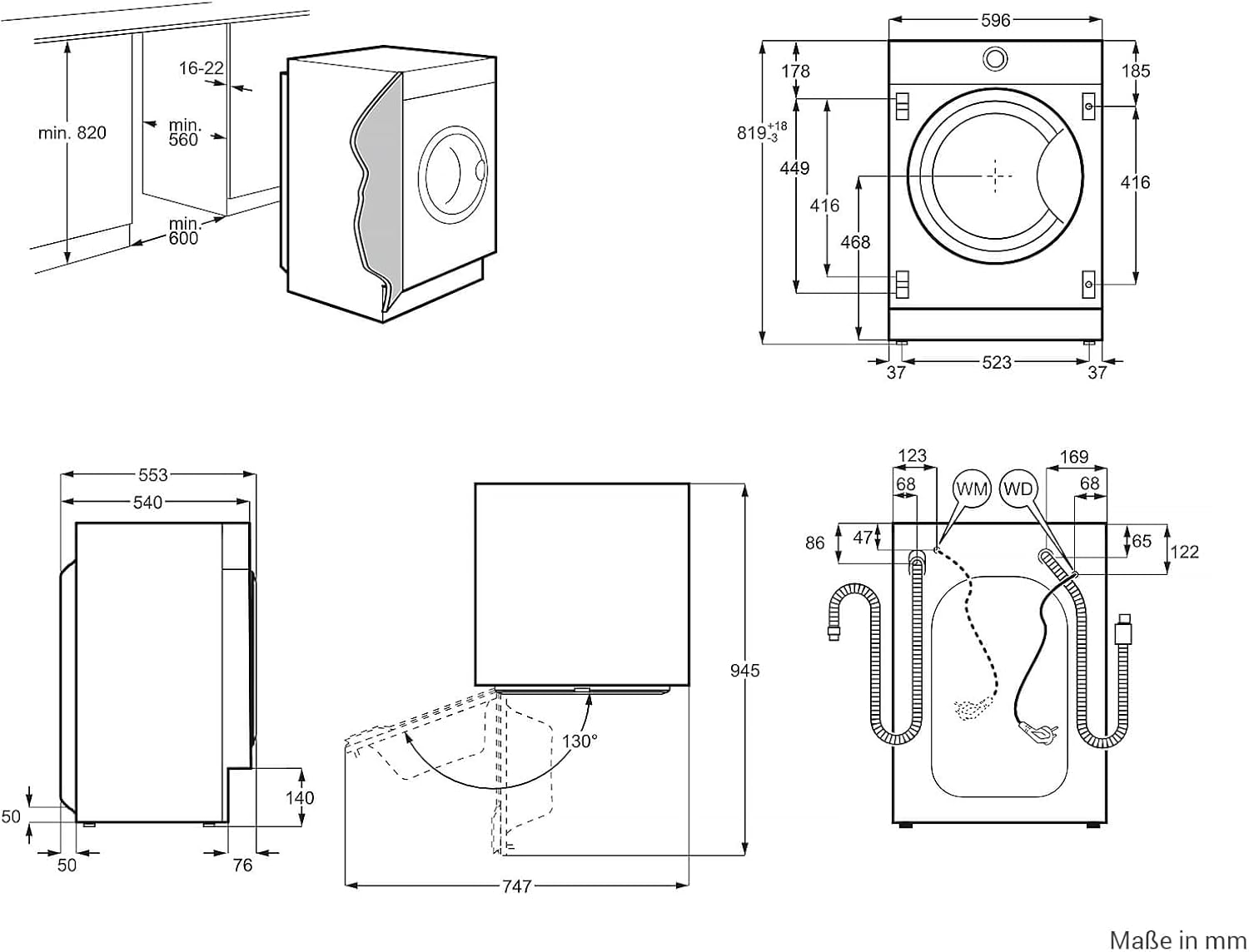 Technische Maßzeichnung der Waschmaschine mit detaillierten Angaben zu Gerätehöhe, Breite und Tiefe für die Küchenplanung.