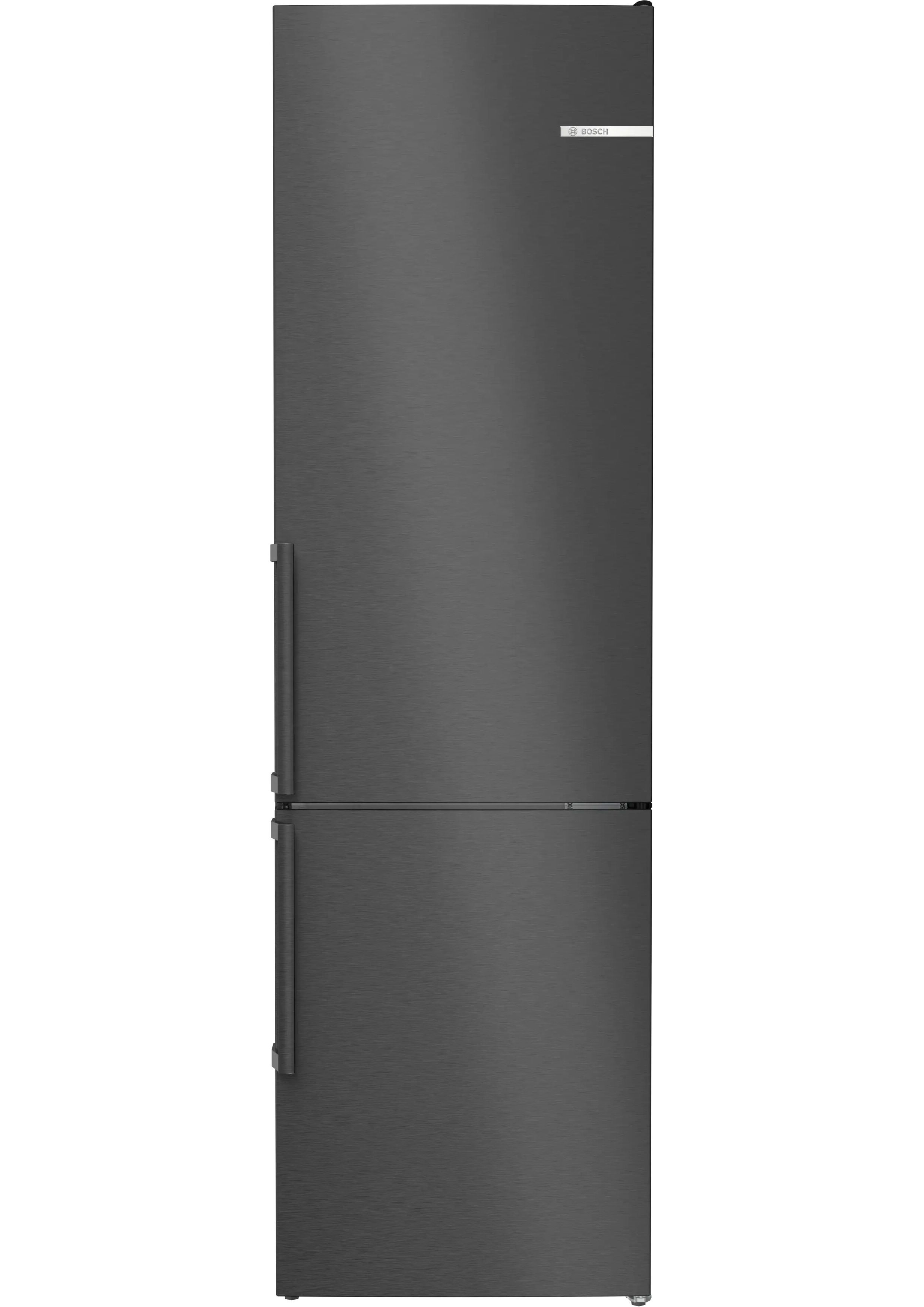 Frontansicht der Bosch KGN39VXCT Kühl-Gefrierkombination in Edelstahl-Optik mit integrierten Griffmulden.