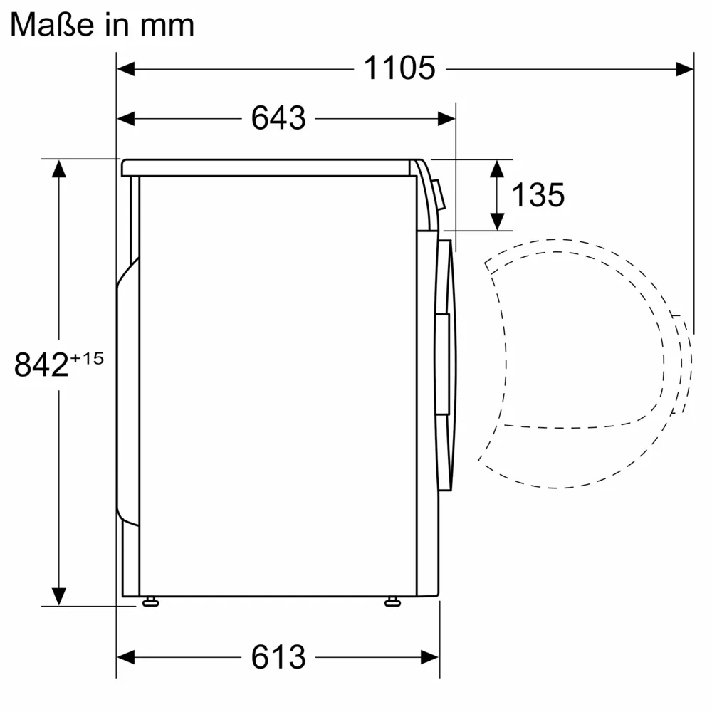 Technical drawing with measurements in millimeters for height, width, and depth (842 x 598 x 613 mm).