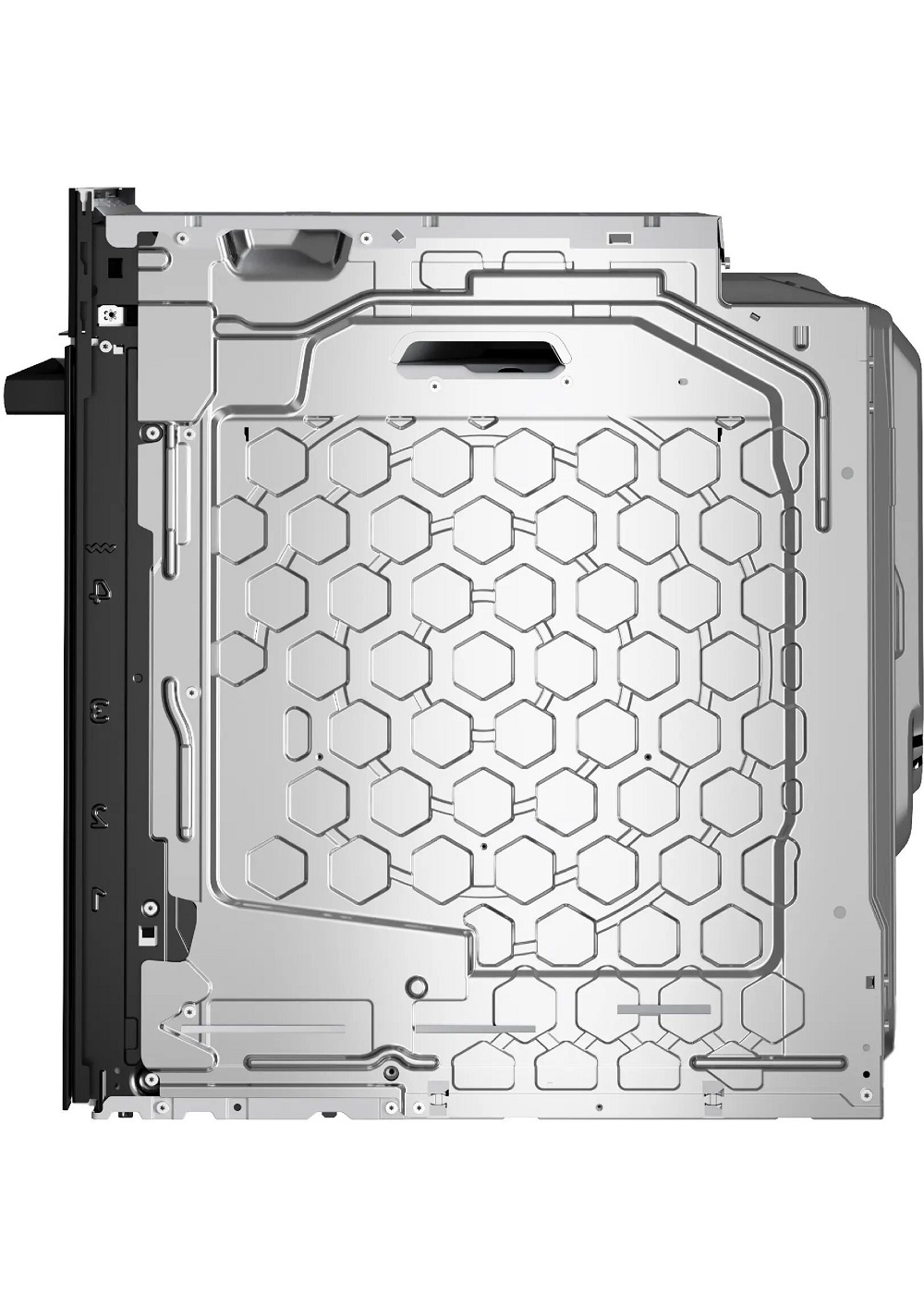 Seitenansicht eines Siemens Einbaubackofens, die das Metallgehäuse und die Struktur der Rückwand zeigt.