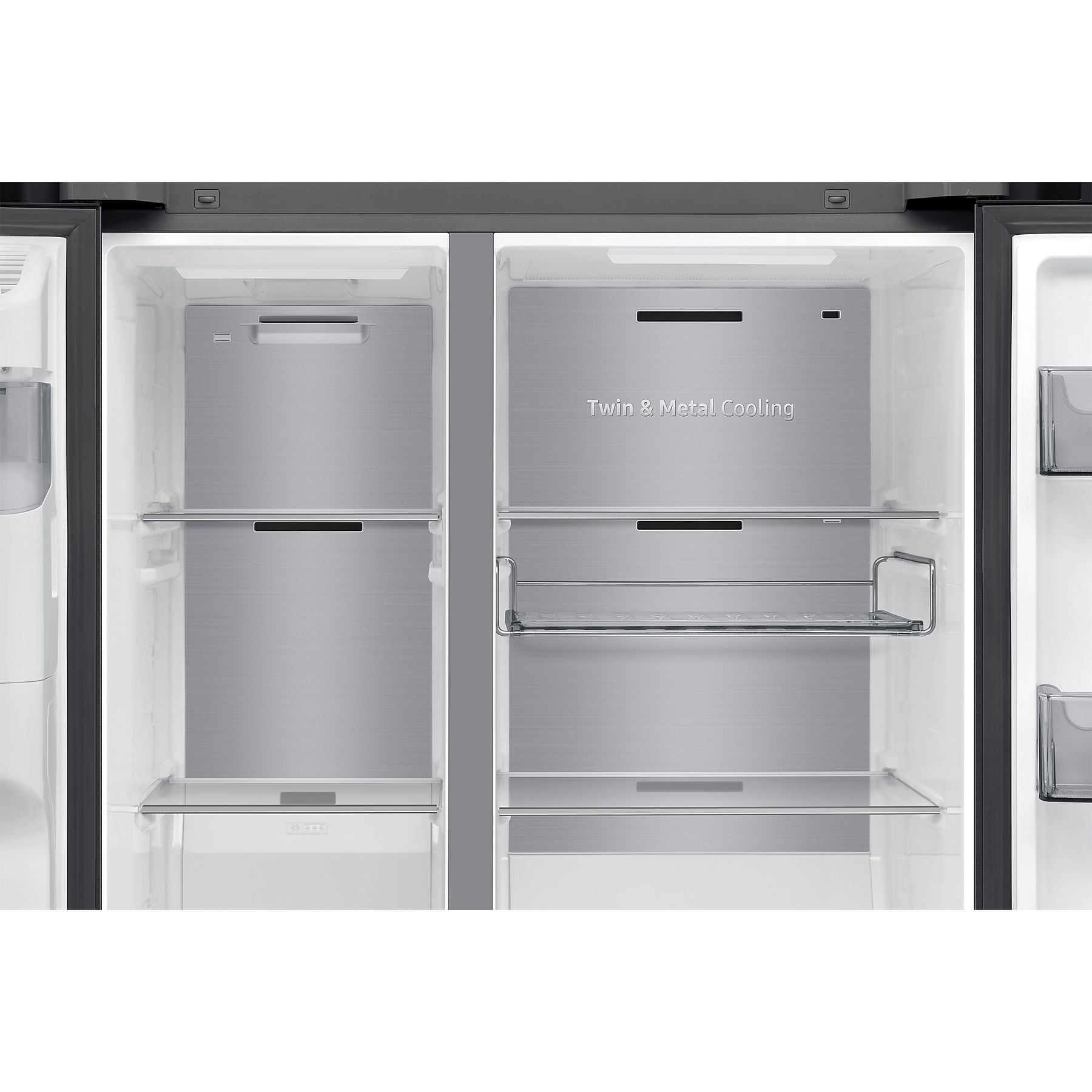 Close-up of the Twin & Metal Cooling technology on the inner back wall of the Samsung refrigerator.