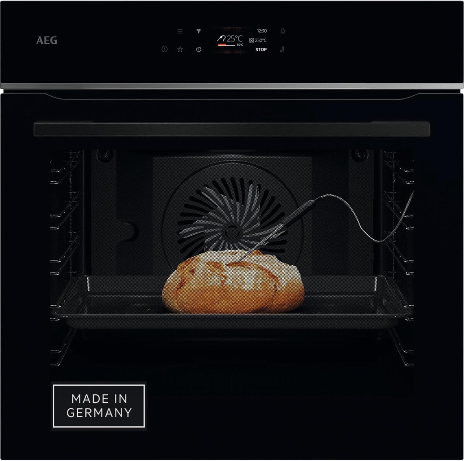 AEG oven interior view with a loaf of bread and food probe