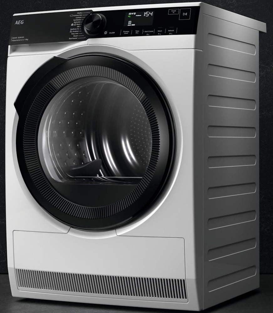 AEG TR8T75780 8000 Series heat pump dryer with 8 kg capacity and AbsoluteCare system, side view.