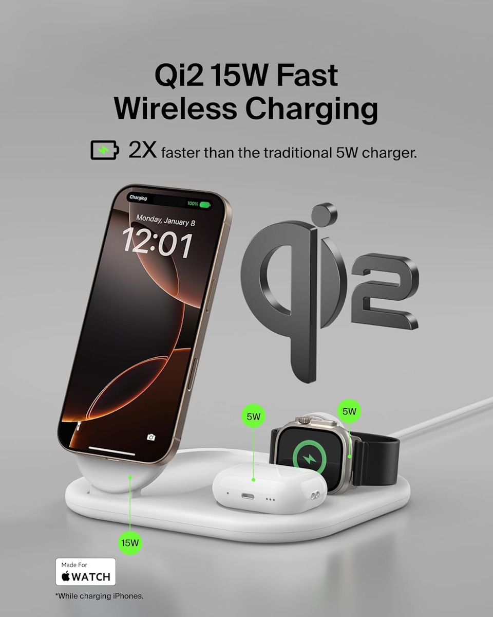 Qi2 15W fast wireless charging with Belkin BoostCharge Pro magnetic charging stand
