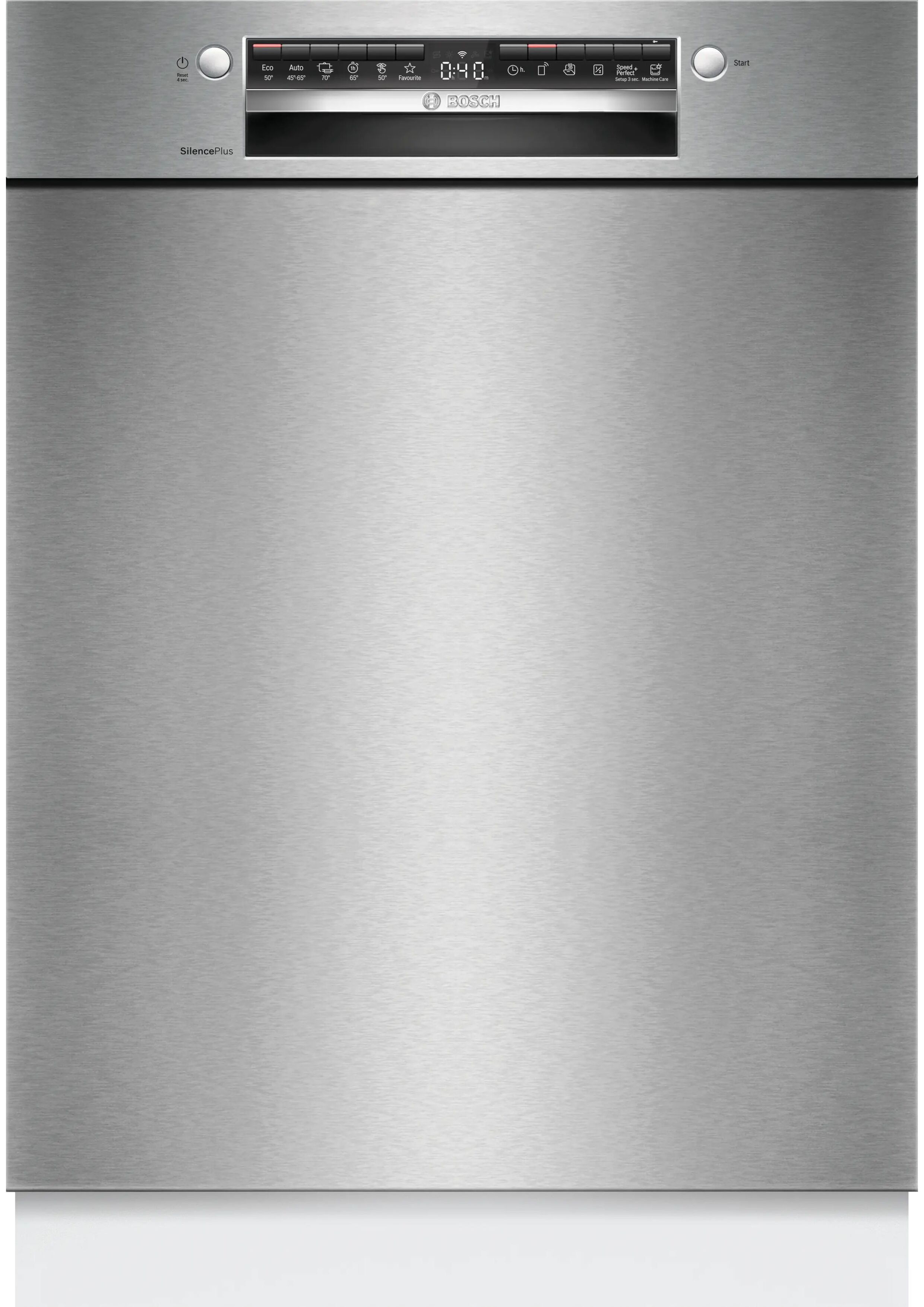 Under-counter Bosch SMU4EVS08E dishwasher with full stainless steel front and SilencePlus branding