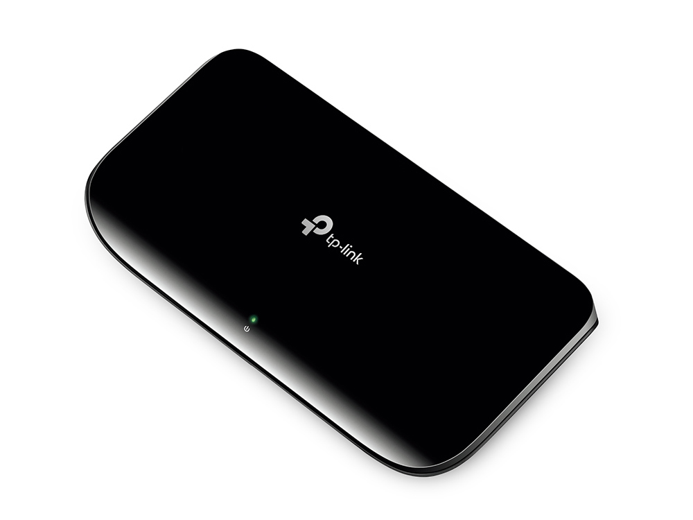TP-Link TLSG1008D 8-Port Gigabit Ethernet Switch – kompakte Draufsicht auf das schwarze Gerät mit glänzendem Gehäuse, ohne sichtbare Anschlüsse