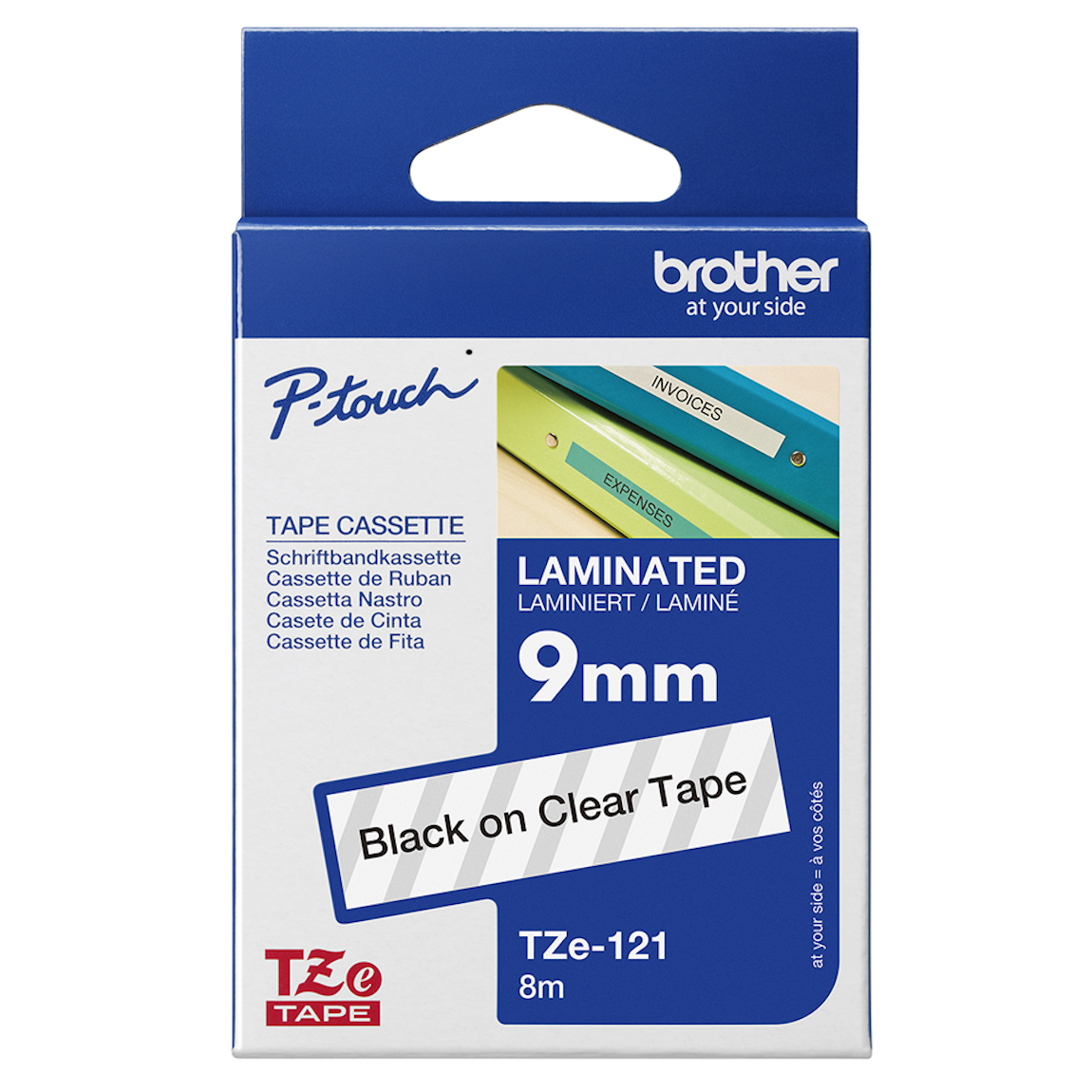 Brother TZe-121 Etikettenband-Kassette 9 mm in Schrägansicht, laminiertes Schriftband für Brother P-touch Beschriftungsgeräte