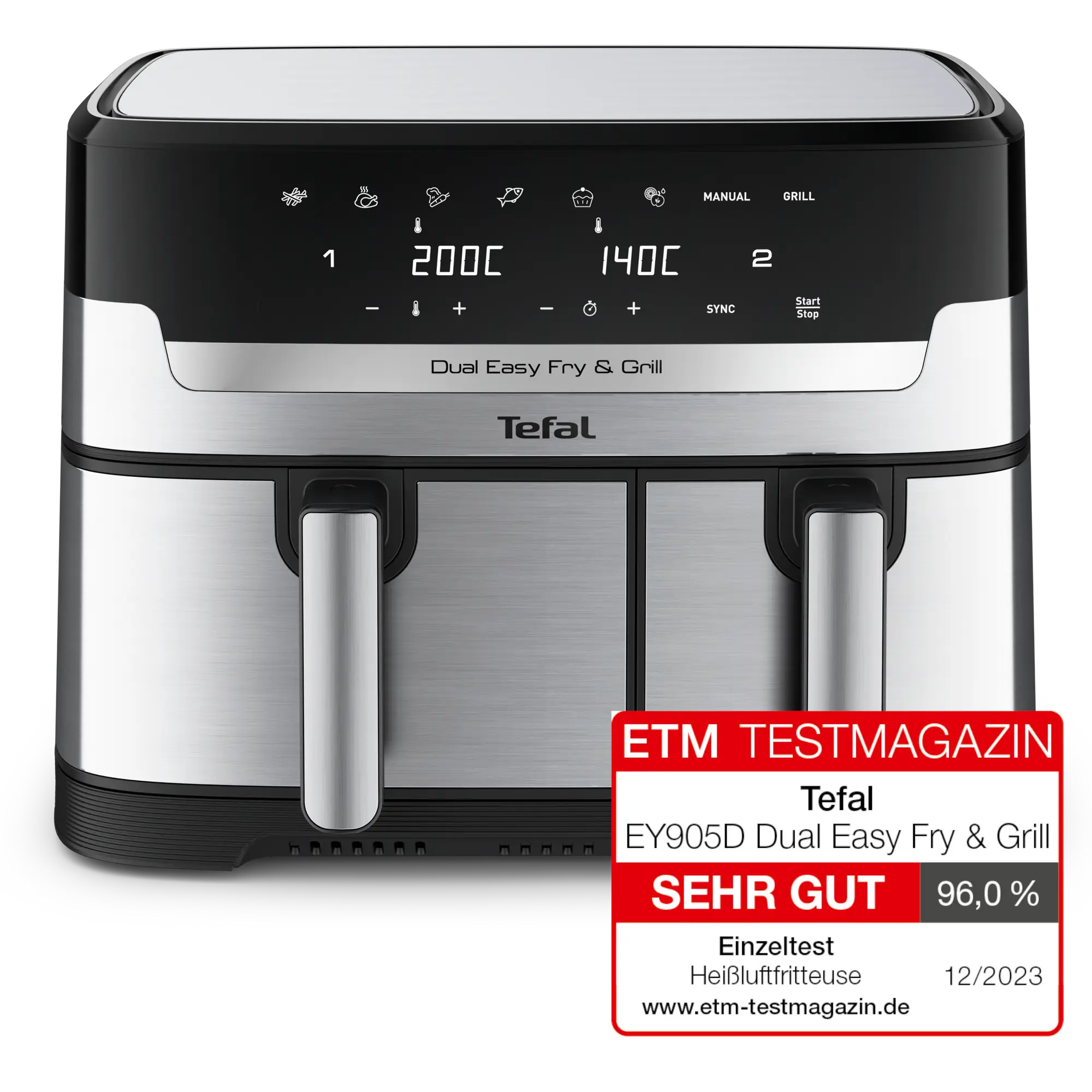 TEFAL EY905D Dual Easy Fry & Grill Heißluftfritteuse, 8.3 L, Edelstahl