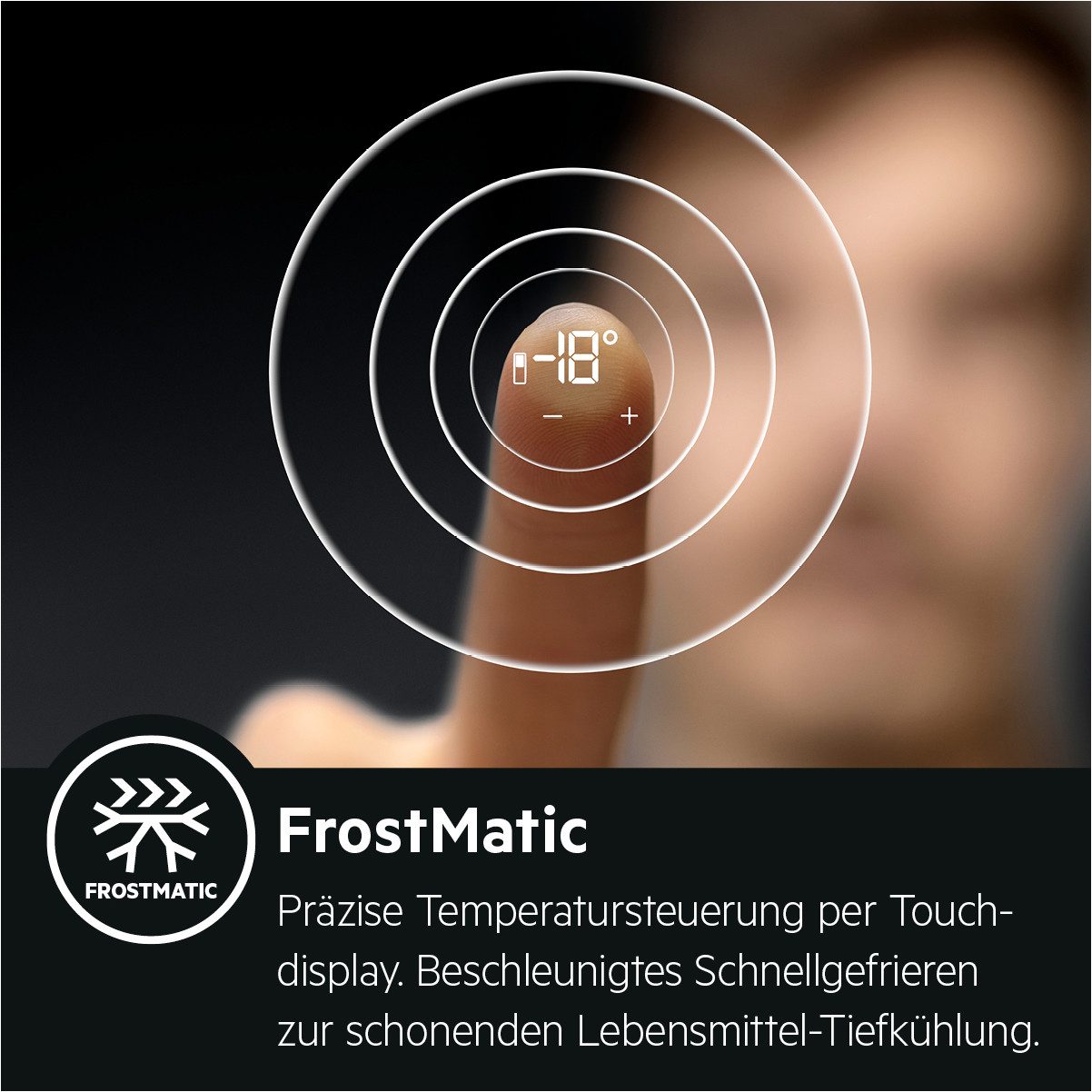 Close-up of a finger pressing the FrostMatic touch display to activate rapid freezing.