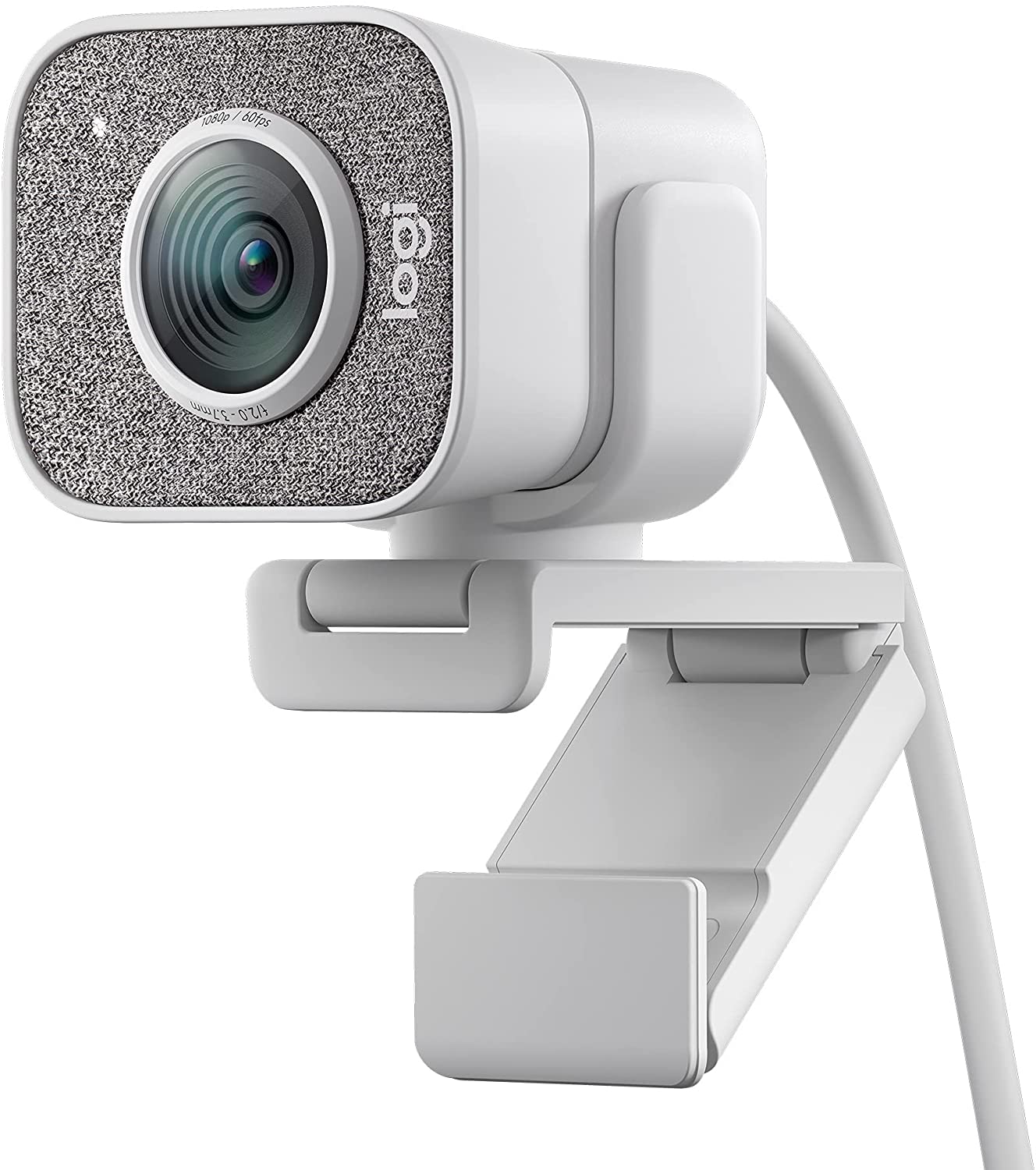 Logitech StreamCam in Weiß, seitliche Ansicht auf Stativhalterung.