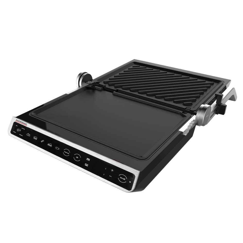 Kontaktgrill als Tischgrill – GASTROBACK BBQ Advanced Smart bei 180° geöffnet GASTROBACK Kontaktgrill 42542 komplett 180 Grad geöffnet als Tischgrill mit zwei Grillplatten