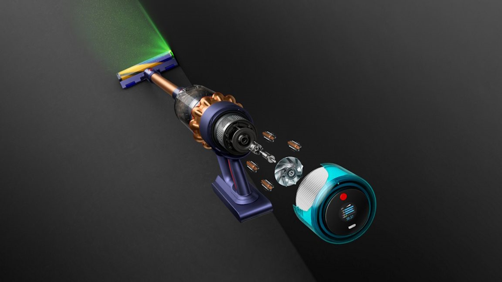 Internal view of the Dyson Gen5 Detect showing the 280 AW suction power and high-efficiency filtration system.