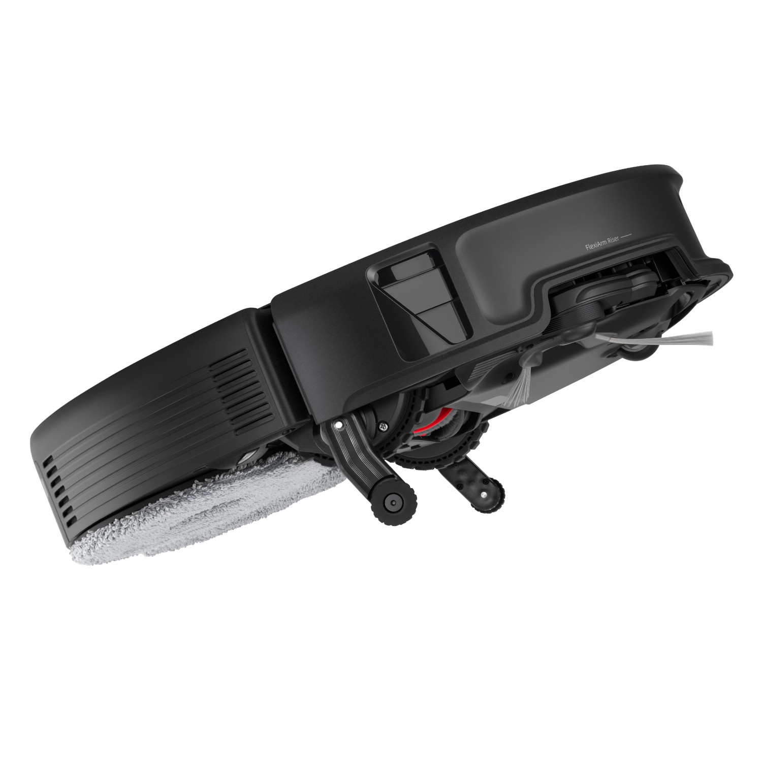 Schrägansicht der Unterseite des Roborock Saros 20X Black mit ausgefahrenem AdaptiLift-Fahrwerk und FlexiArm-System.