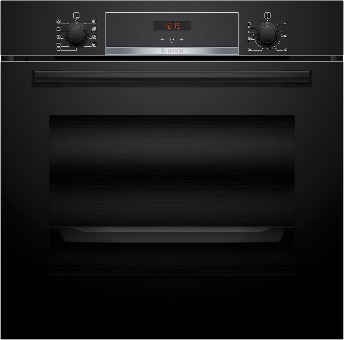 Bosch Series 4 built-in oven HBA514BB3 in black, front view with control knobs and handle.