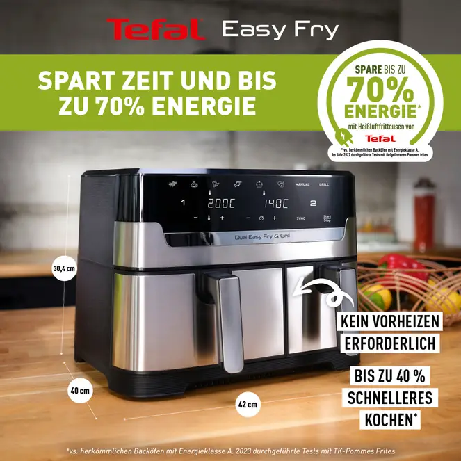 TEFAL EY905D Dual Easy Fry & Grill Heißluftfritteuse, 8.3 L, Edelstahl