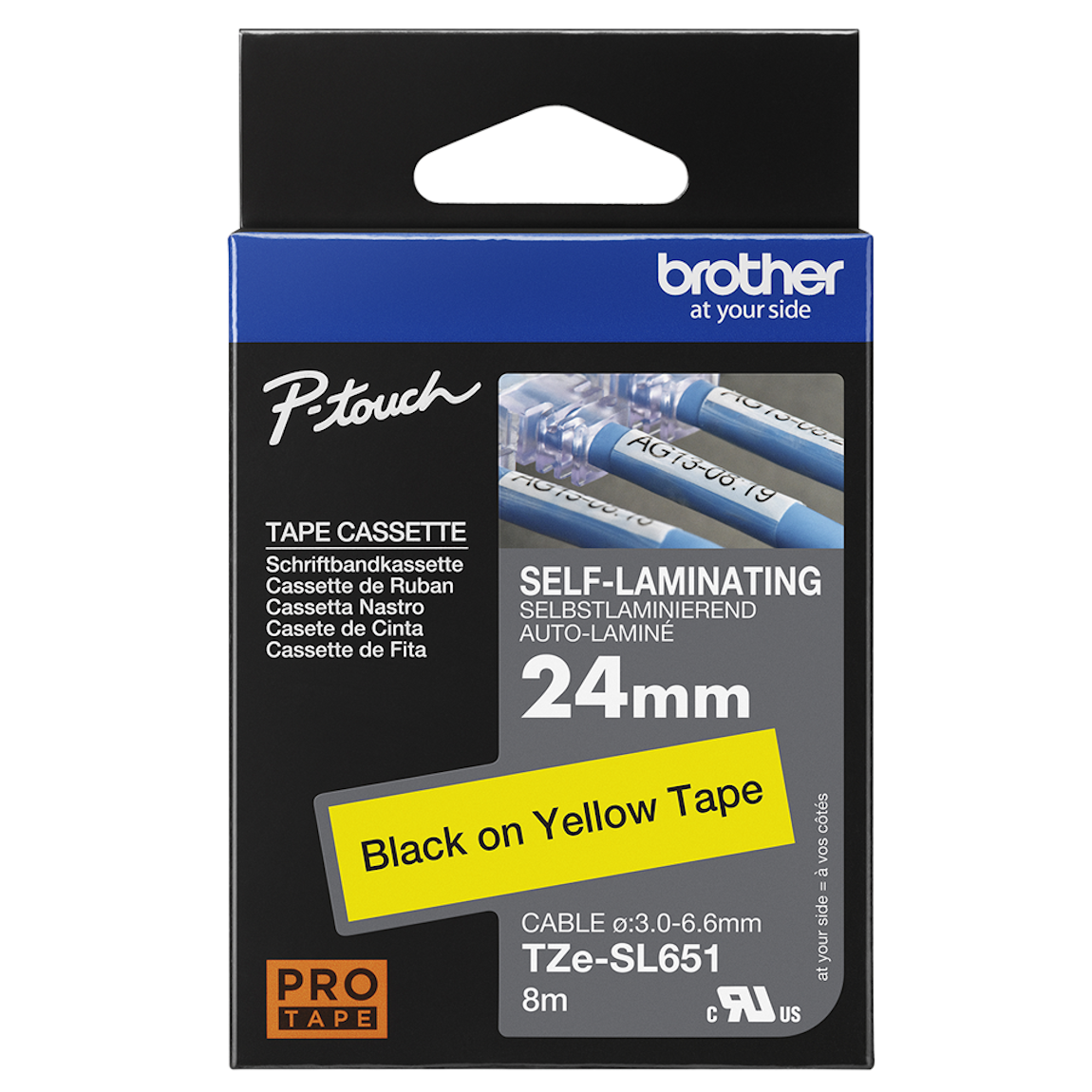 Brother TZe-SL651 TZe-Schriftband 24 mm schwarz auf gelb in Schrägansicht, kompatibel mit Brother PT-D800W, PT-P900W und PT-P950NW