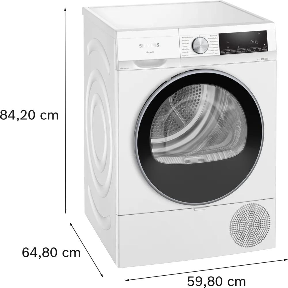Schräge Produktansicht mit Anti-Vibrations-Design Schräge Ansicht des Trockners, hebt das Anti-Vibrations-Design der Seitenwände (Kreisstruktur) und die weiße Front hervor.