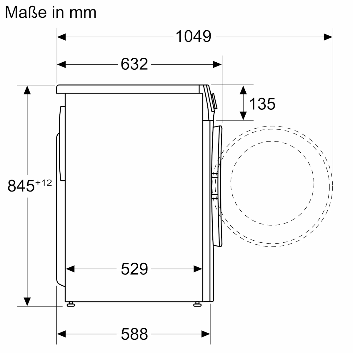 Seitenmaßzeichnung Bosch WGE0242H: Einbautiefe 588 mm, Anschlussbelegung Zulauf, Ablauf und Stromanschluss 230 V / 2300 W