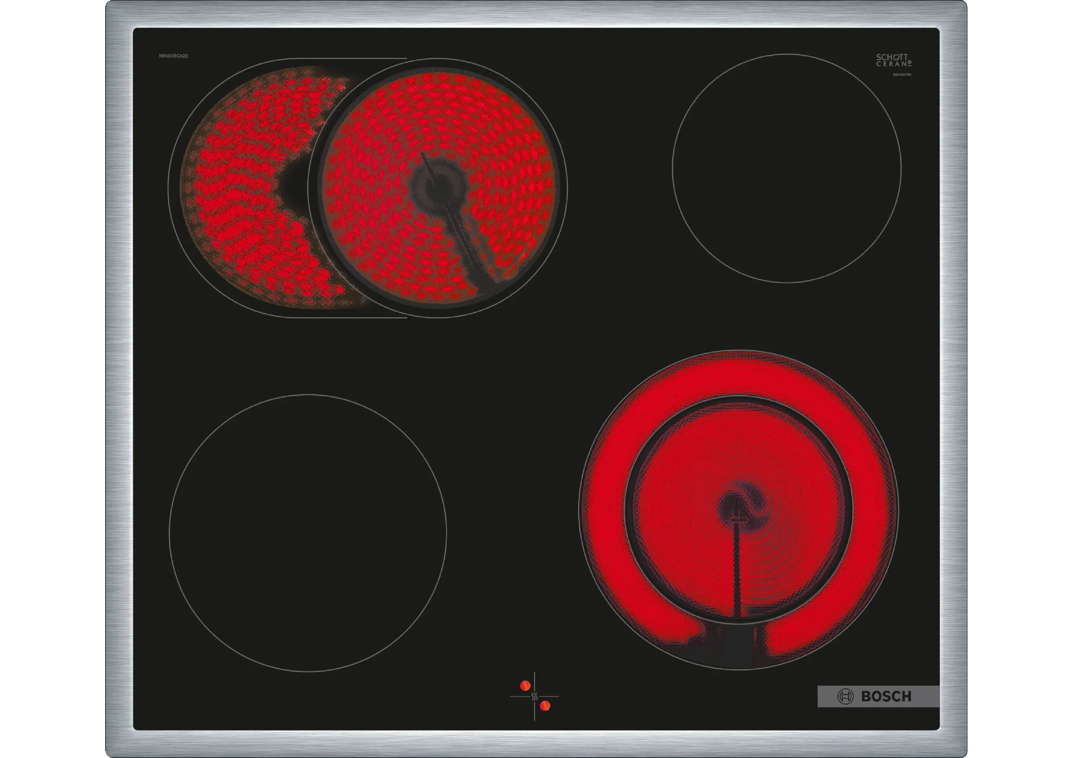 Top view of a Bosch electric hob with activated, red glowing heating zones and stainless steel frame.