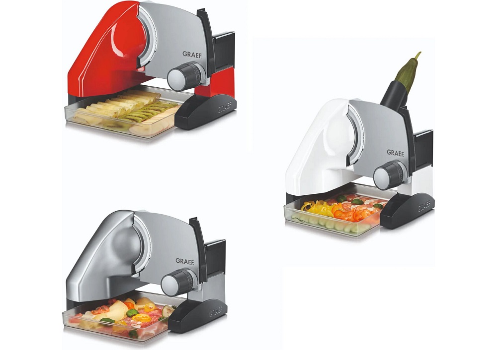 Produktübersicht der Graef SKS 500 Serie in den Farben Rot, Weiß und Silber mit verschiedenen Lebensmitteln in der Auffangschale.