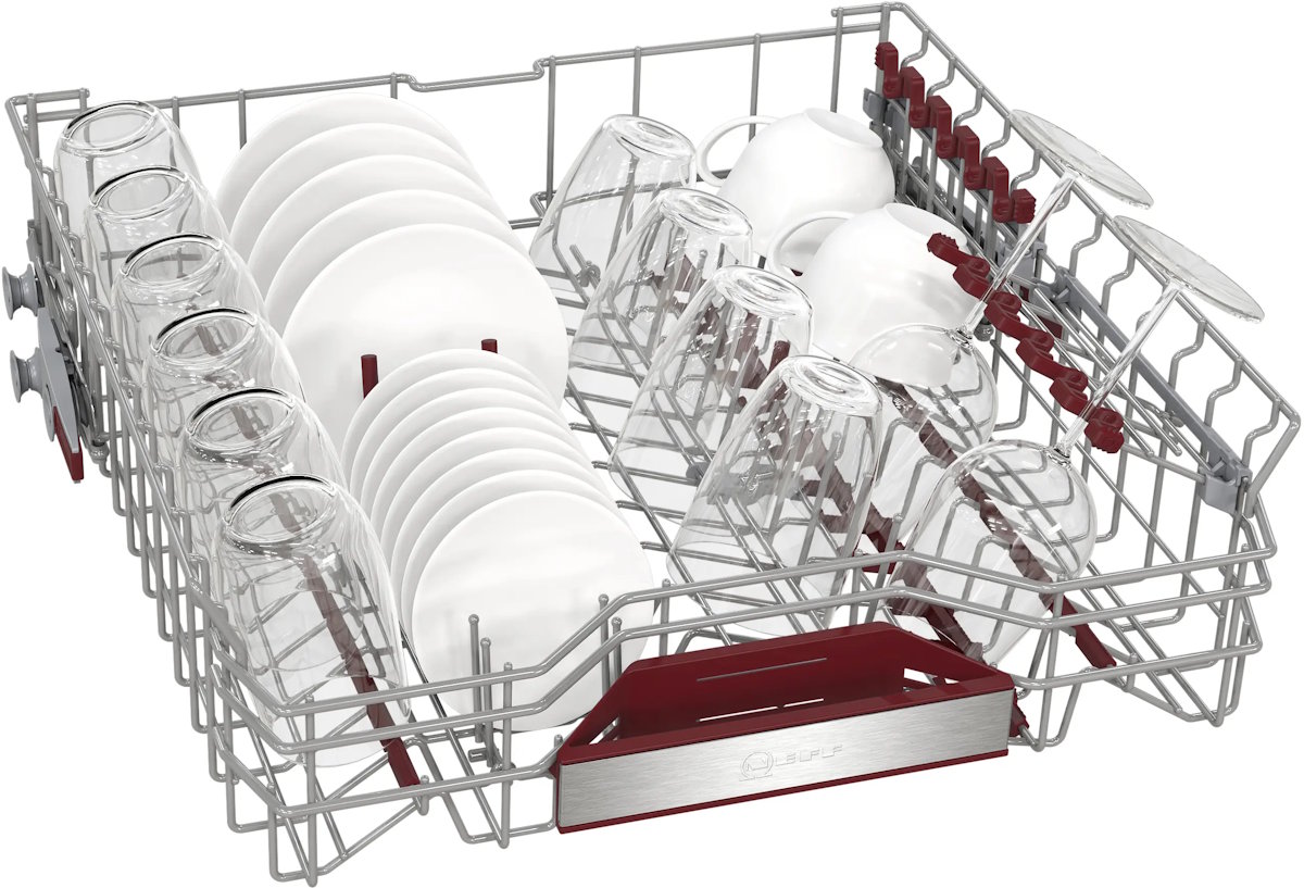 Neff S257ZCX18E Geschirrspüler Oberkorb mit 3-stufiger RackMatic Höhenverstellung, 6 Klappstacheln und Flex Besteckschublade als 3. Beladungsebene