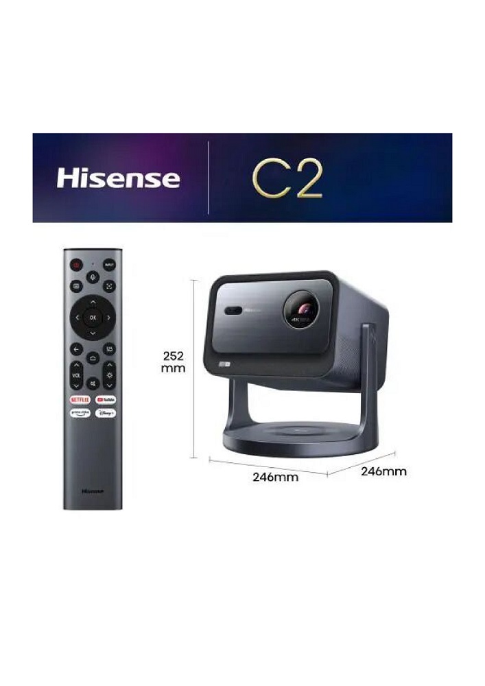 Hisense C2 Projektor mit Fernbedienung und technischen Zeichnungen der Abmessungen in Millimetern.