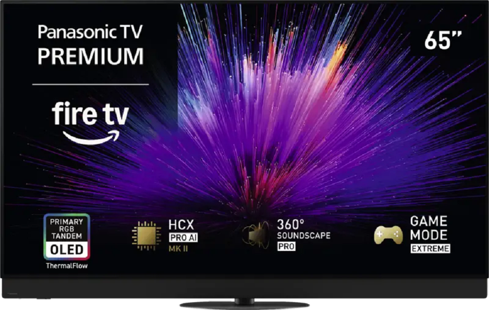 Frontansicht des 65 Zoll Panasonic Z95B OLED TV mit Fire TV, HCX Pro AI MK II und Game Mode Extreme Logos.