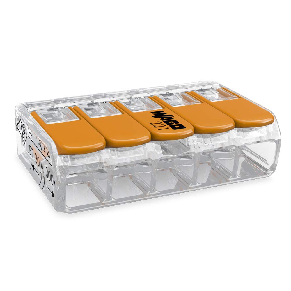 WAGO 221-415 Klemme 5-Leiter WAGO 221-415 COMPACT 5-Leiter-Verbindungsklemme mit orangen Betätigungshebeln, Draufsicht