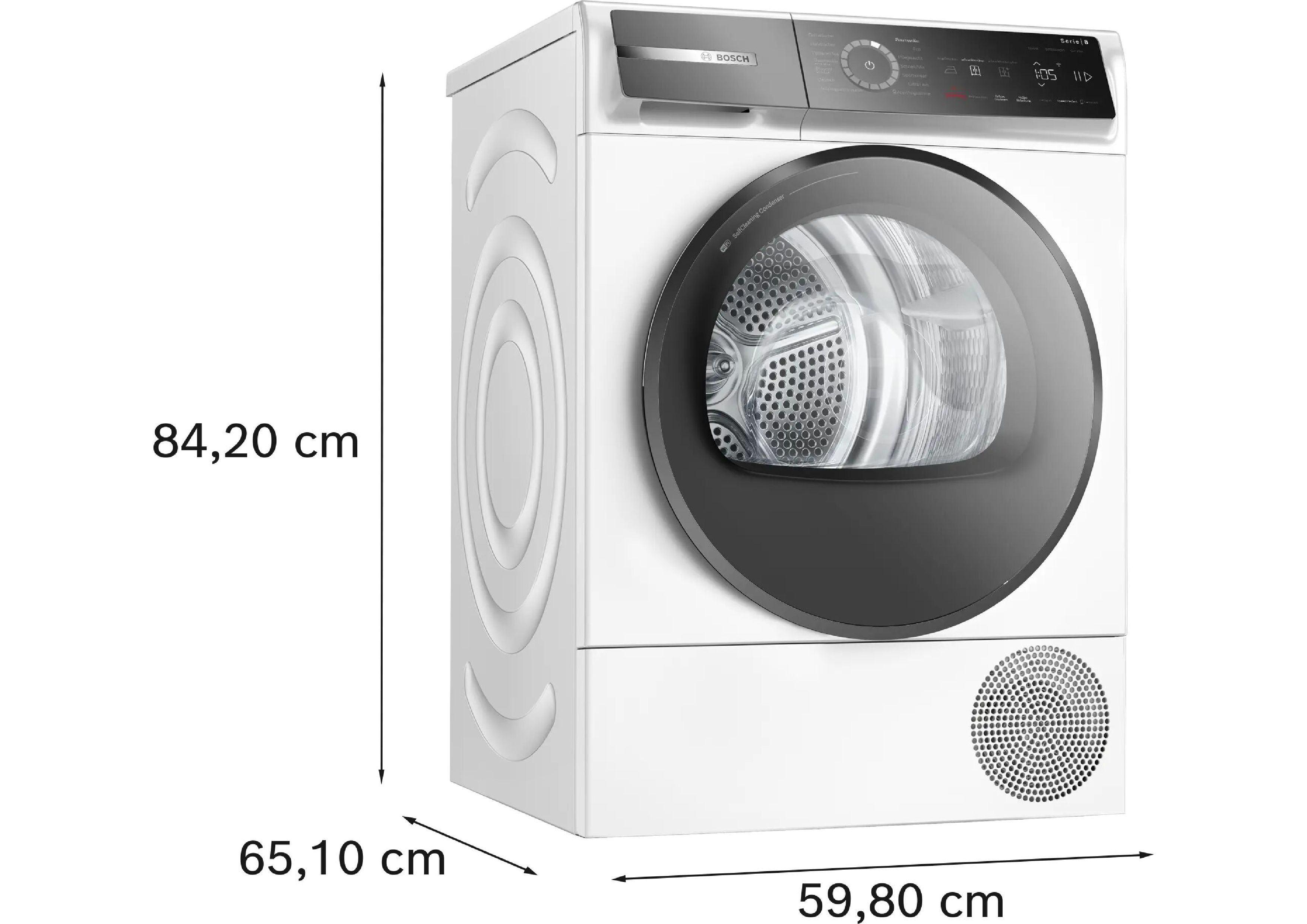 Schrägansicht des Bosch Trockners mit eingeblendeten Maßen für Höhe, Breite und Tiefe.