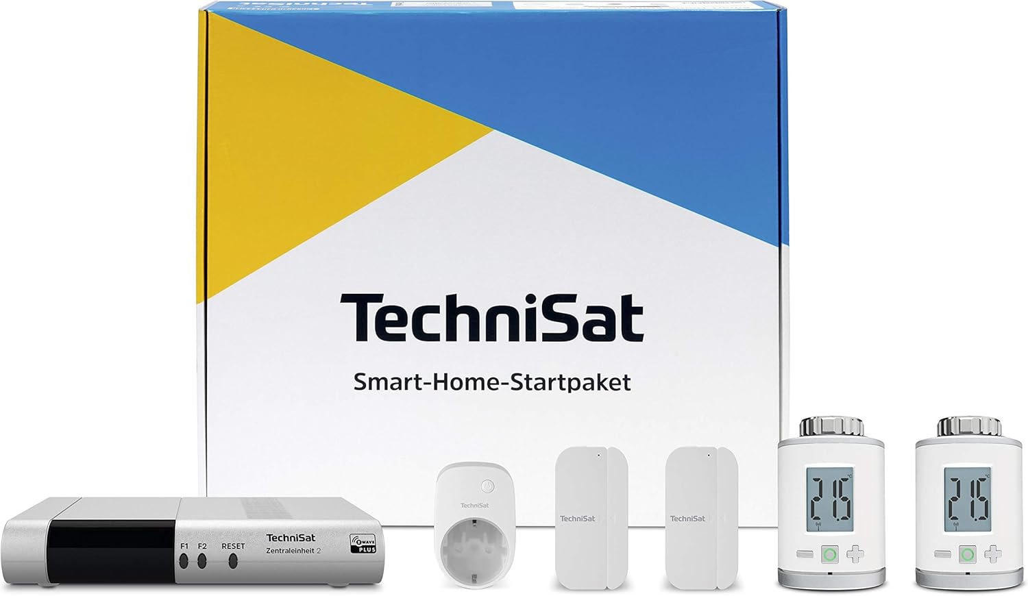 TechniSat Smart Home-Startpaket 'Energie' Z-Wave Plus – Komplettansicht des Sets mit Zentraleinheit, Heizkörperthermostaten, Türkontakten und Zwischenstecker