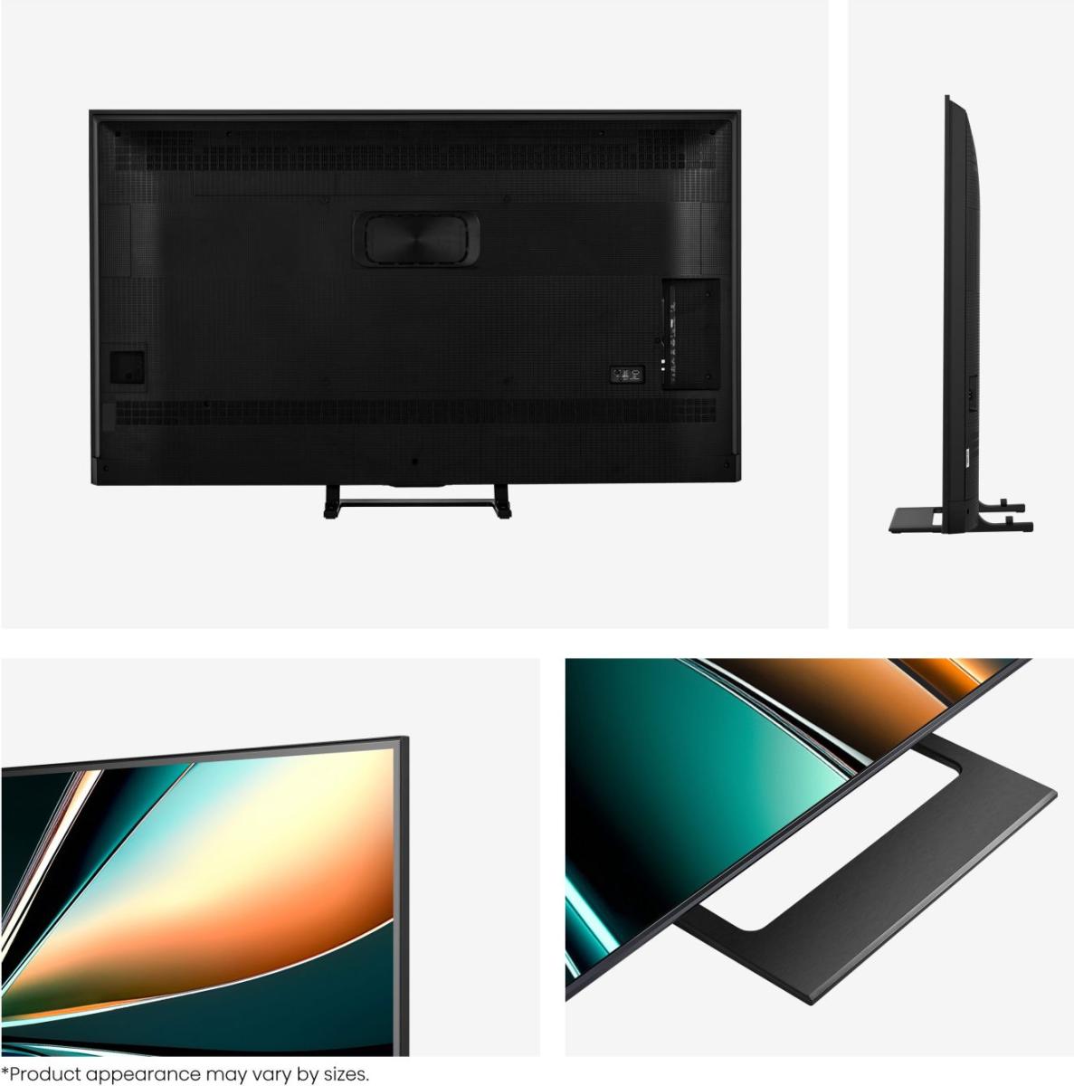 Four panels showing the TV's back, side profile, stand, and a close-up of the screen corner.